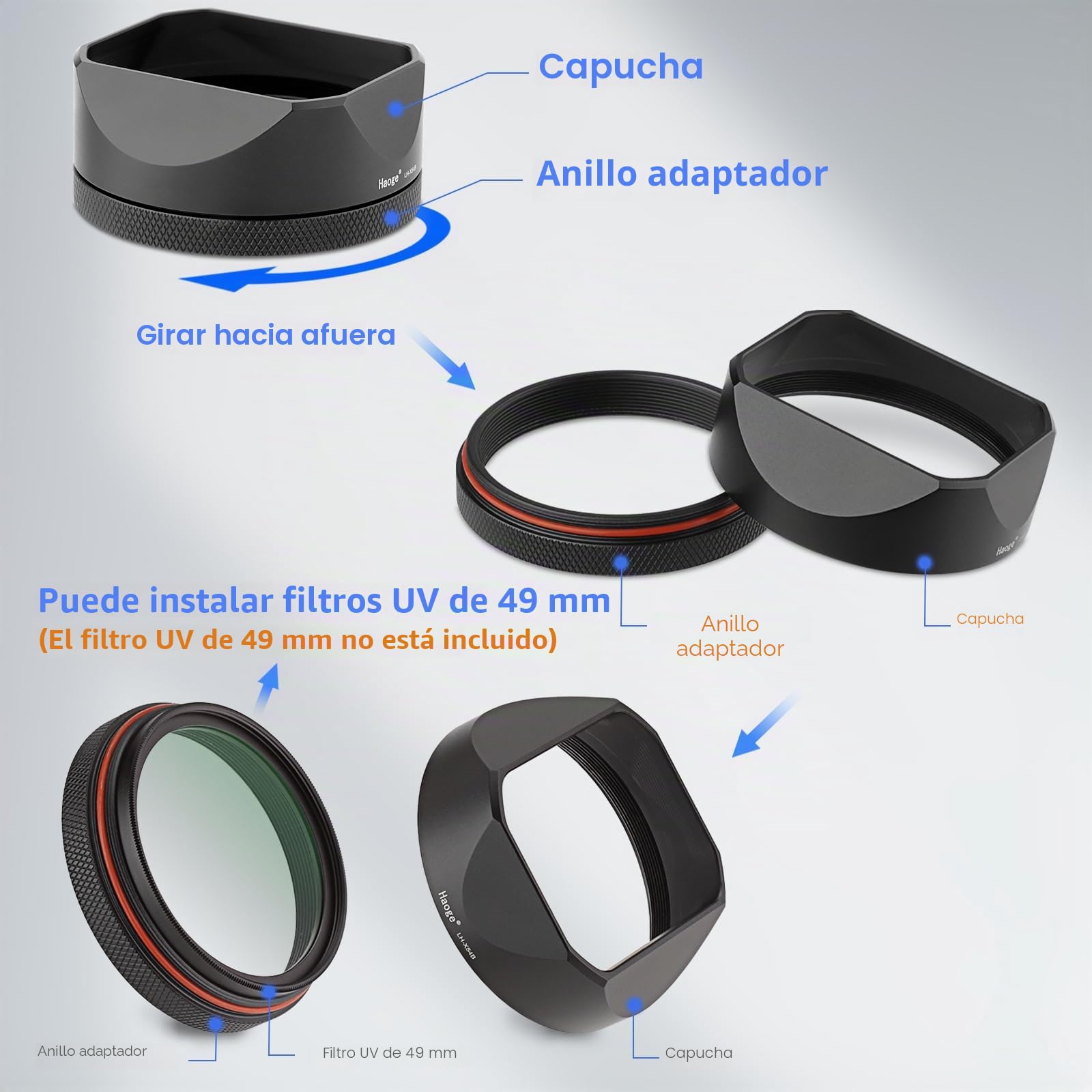Haoge Parasol cuadrado de metal para cámara Fuji Fujifilm X100VI FinePix X100V X100F X100 X100S X100T X70 LH-X54B+Cap-X54B con tapa y kit de anillo adaptador de 49 mm