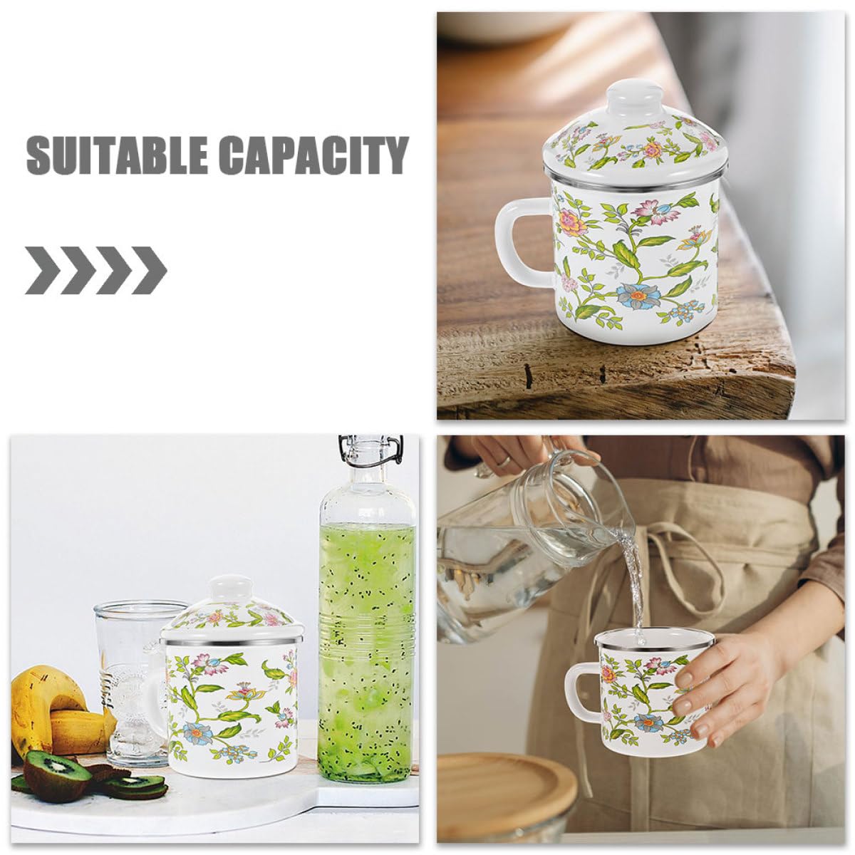 Traditioneller Emaille Trinkbecher 1250ml aus Emaille für Alltag | Anti Rutsch Griff, Anti Scalding Ausführung, Schöner Stil und Verarbeitung