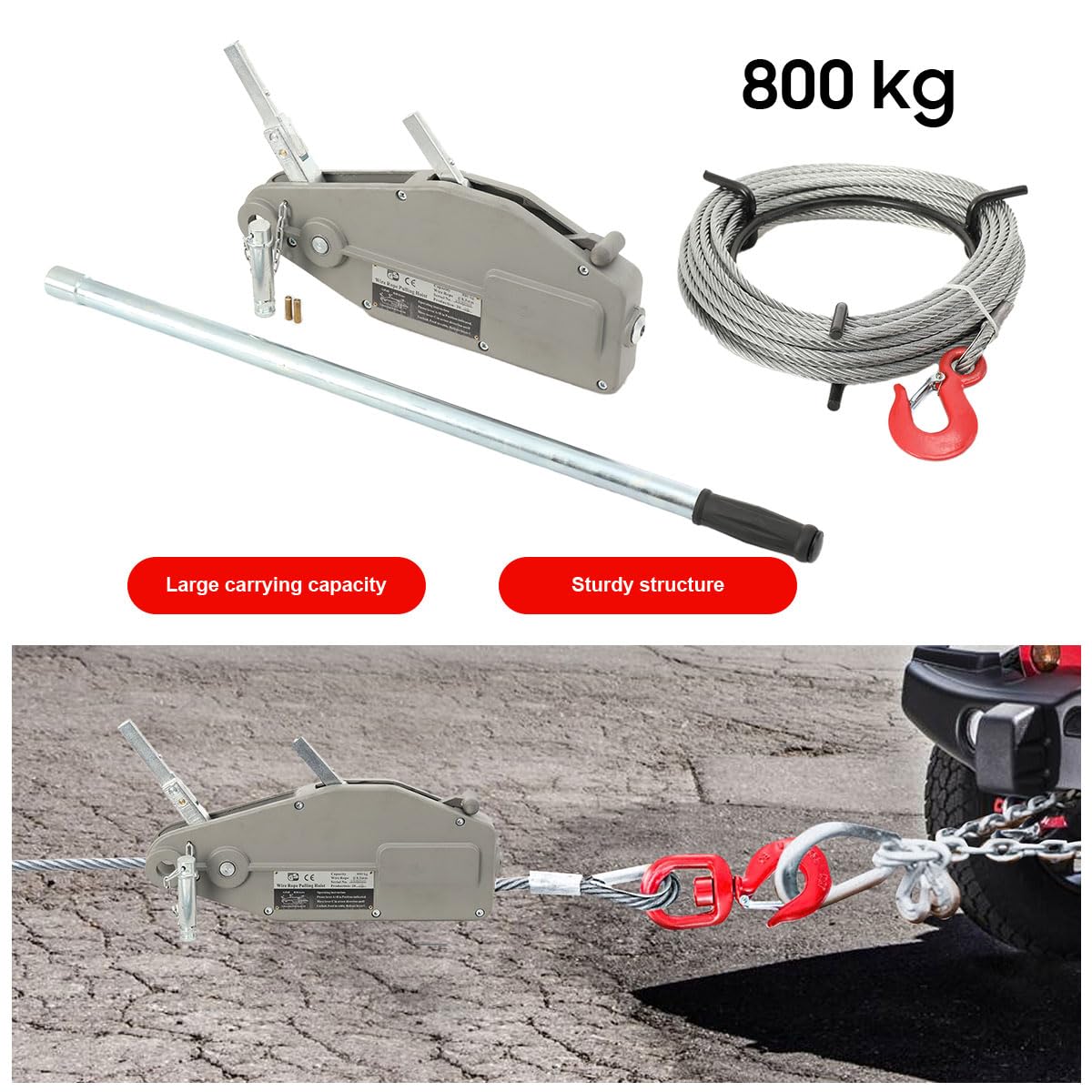 Paranco a Catena Manuale, Paranco a Fune Max 800kg Argano a Mano con Lunghezza della Corda 20m, Verricello a Leva in Metallico per Trazione e Sollevamento