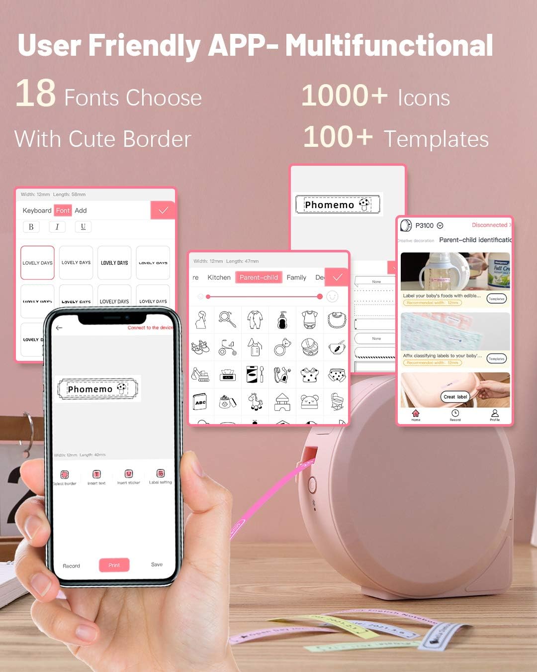Blасk Frіdау - 60% оƒƒ Phomemo Wireless Label Maker- Bluetooth Rechargeable Phone Laminated Label Maker with Different Fonts, for Organization, Gift, Item Label, Home, School, Office, with 1pcs Label, Pink