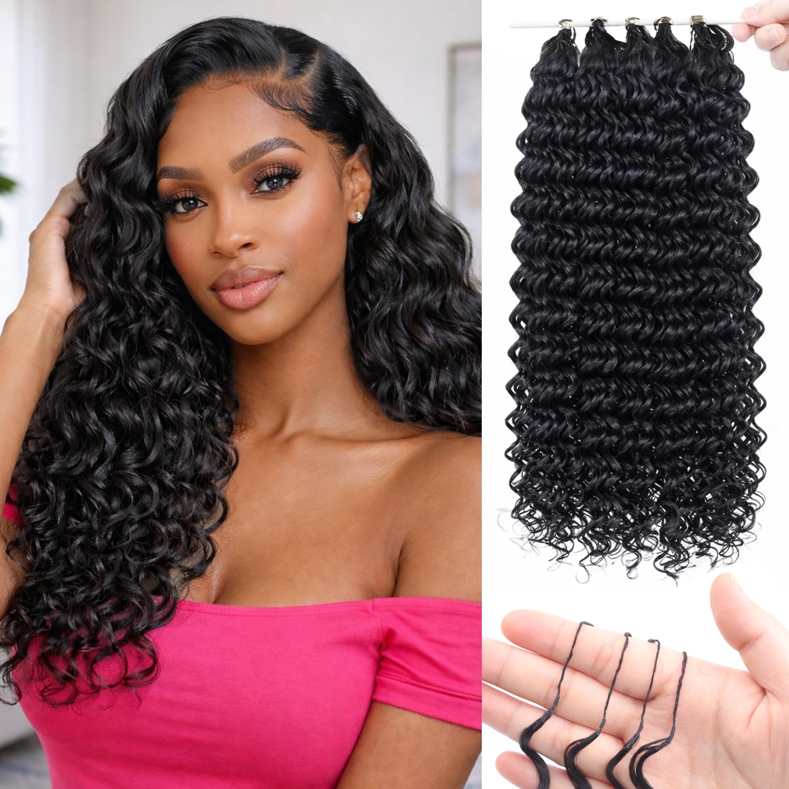 Photo 1 of Sosihua 16 Inch 180g Deep Wave Feather Crochet Hair Pre-Looped for Black Women, 100 Strands Synthetic Pre Separated Invisible Miracle Knots Crochet Bundles, Feathered Tip Braids Extensions(#1B)