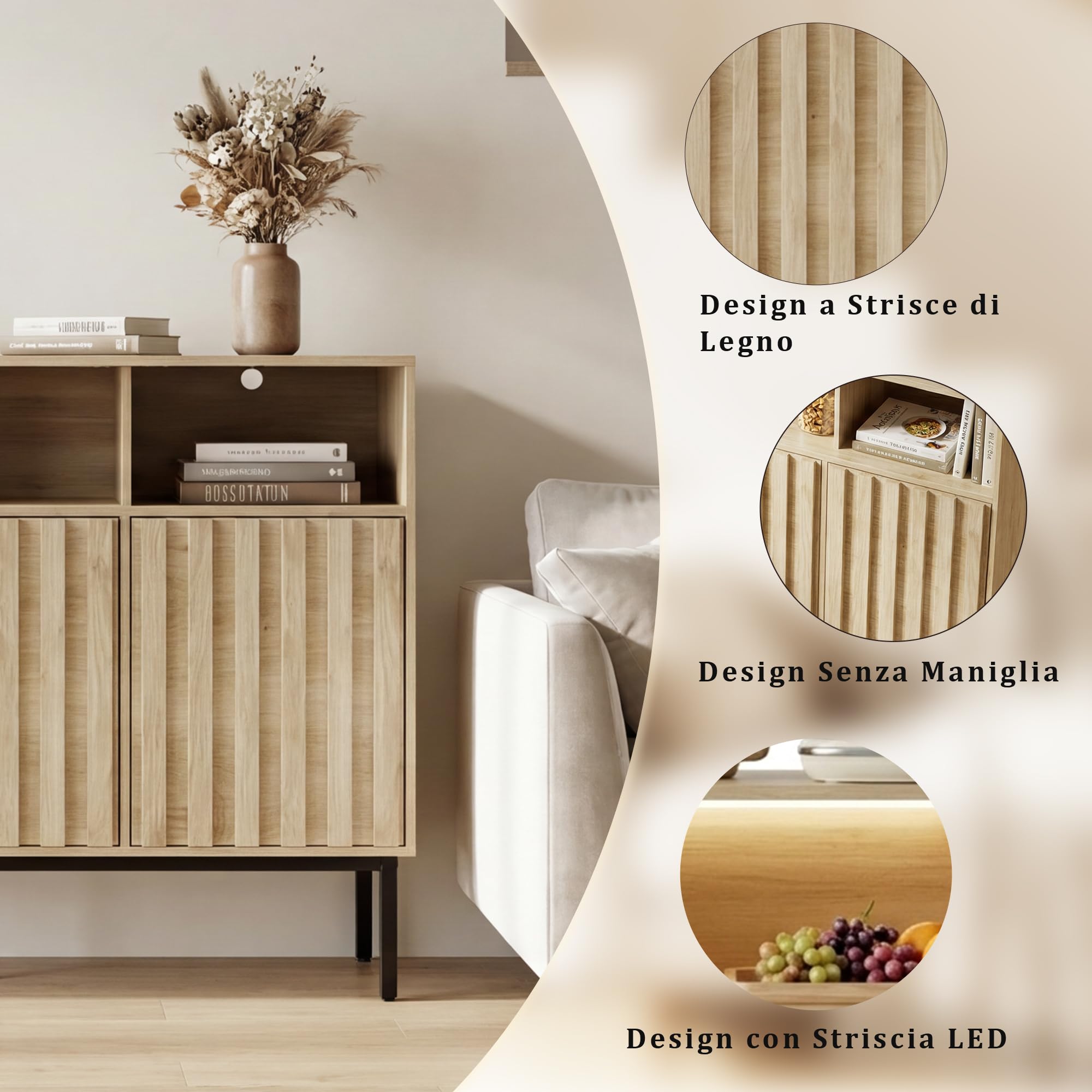 UEV Credenza Cucina con Luce LED a 3 Ante Design Strisce di Legno, Naturale | Armadietto con 3 Scomparti Aperti, Mobile Moderno con Ampio Piano di Lavoro, 105x40x80cm