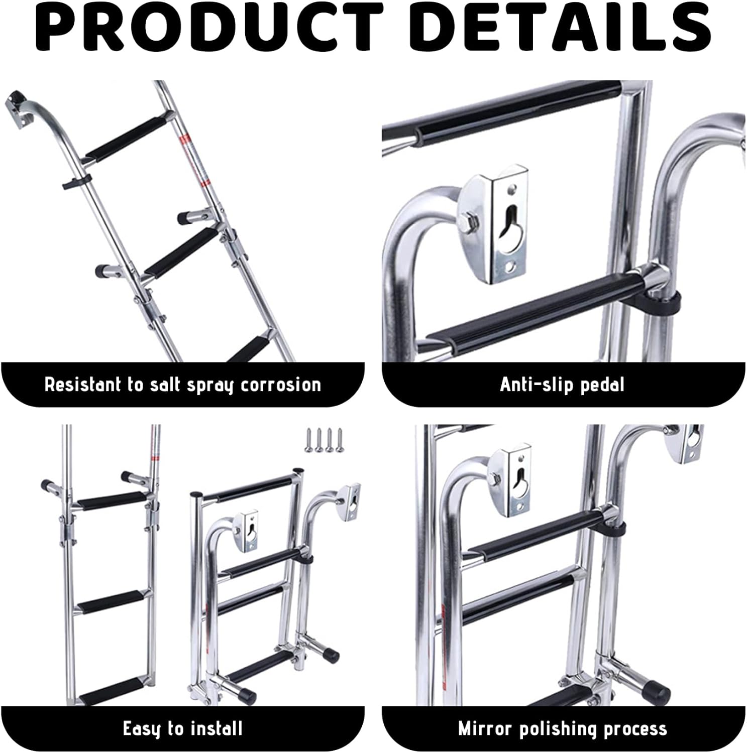 Boat Ladder, 4 Step Foldable & Non-Slip Stainless Steel Dock Ladder, Wear-Resistant Boating Essentials for Yacht, Pontoon, Cargo Ship, RV Pontoon Boat Dock
