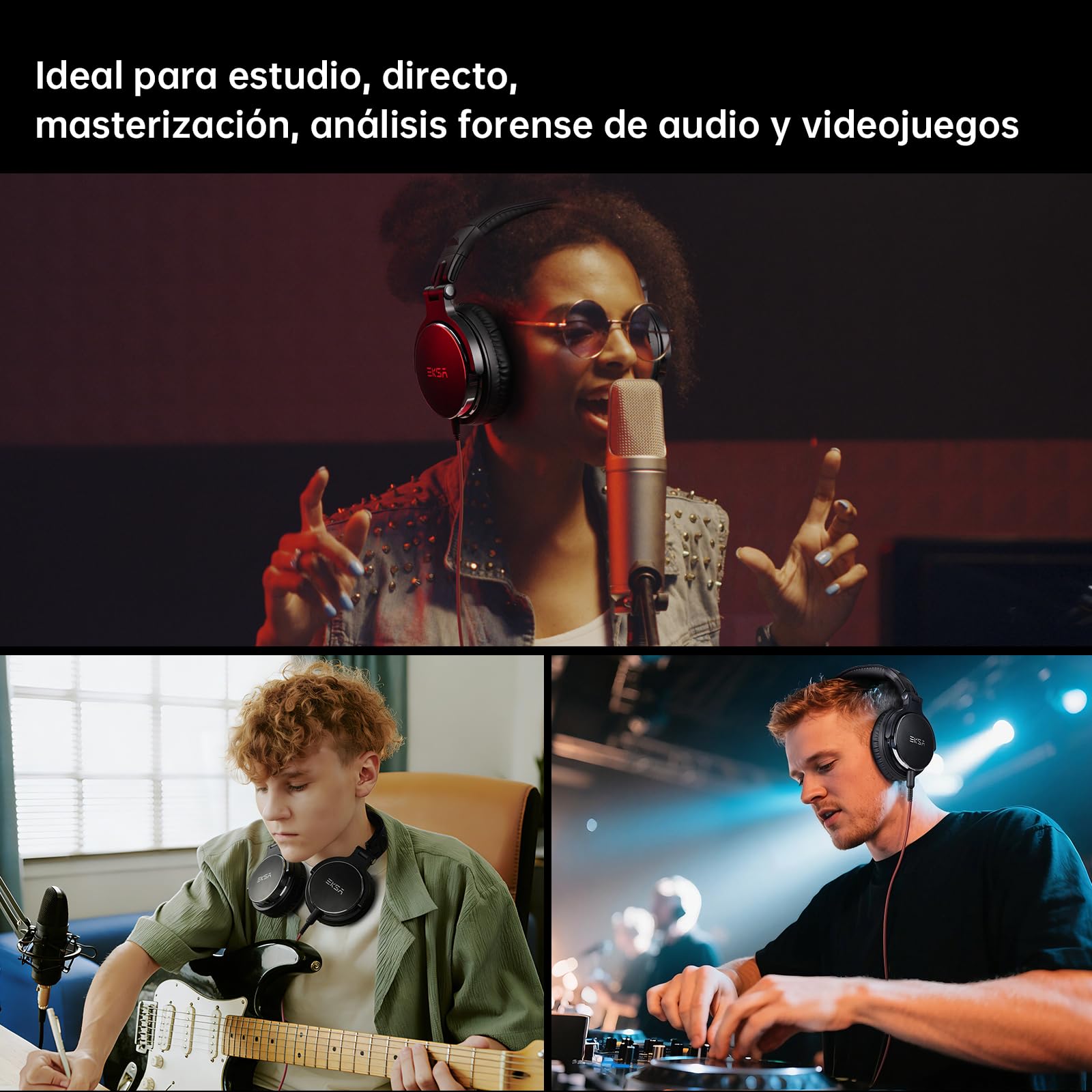EKSA P100 Auriculares DJ con Cable, para PC AMP Grabación de Podcast Teléfono Piano Guitarra,Estéreo de Mezcla y Monitor de Estudio, 50mm Controladores, 3.5 y 6.35mm Conector de Audio Negro