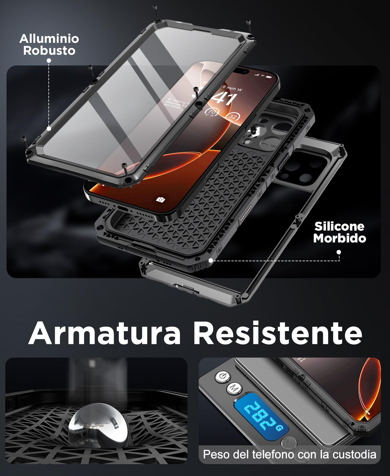 Beeasy Cover per iPhone 16 Pro Max IP68 Impermeabile,360 Antiurto Militare Rugged Armor,Resistente Indistruttibile Metallo Custodia,Subacquea Protezione Case per iPhone 16 Pro Max,Nero