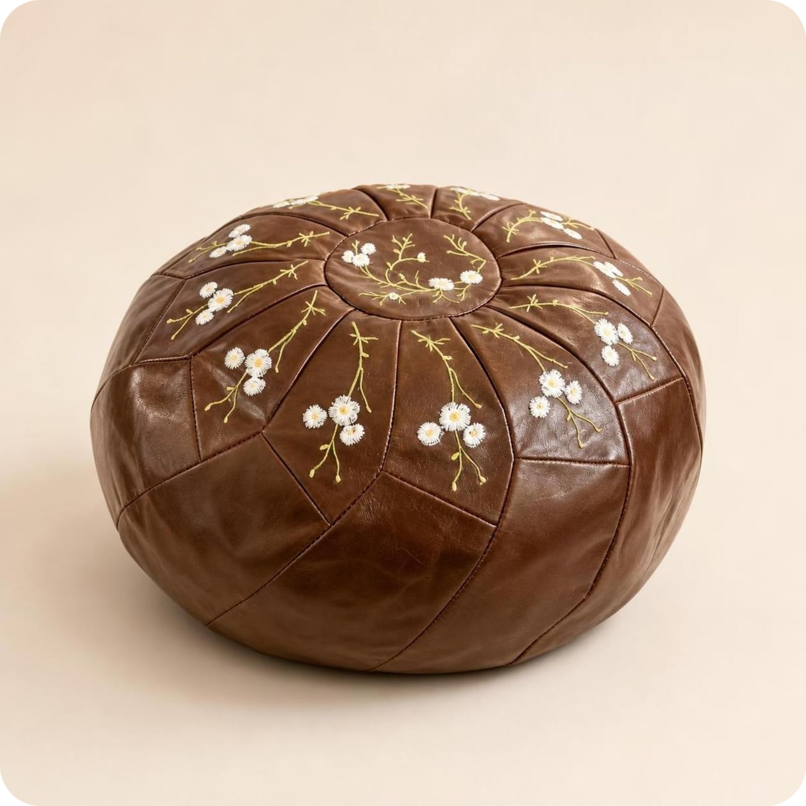 kowaku Pouf Contenitore Rotondo Poggiapiedi Sgabello Cassapanca Pelle Cerata con Ricamo E Finitura Morbida Vano Interno per Piccoli Oggetti Accesso Pratico, Marrone Scuro