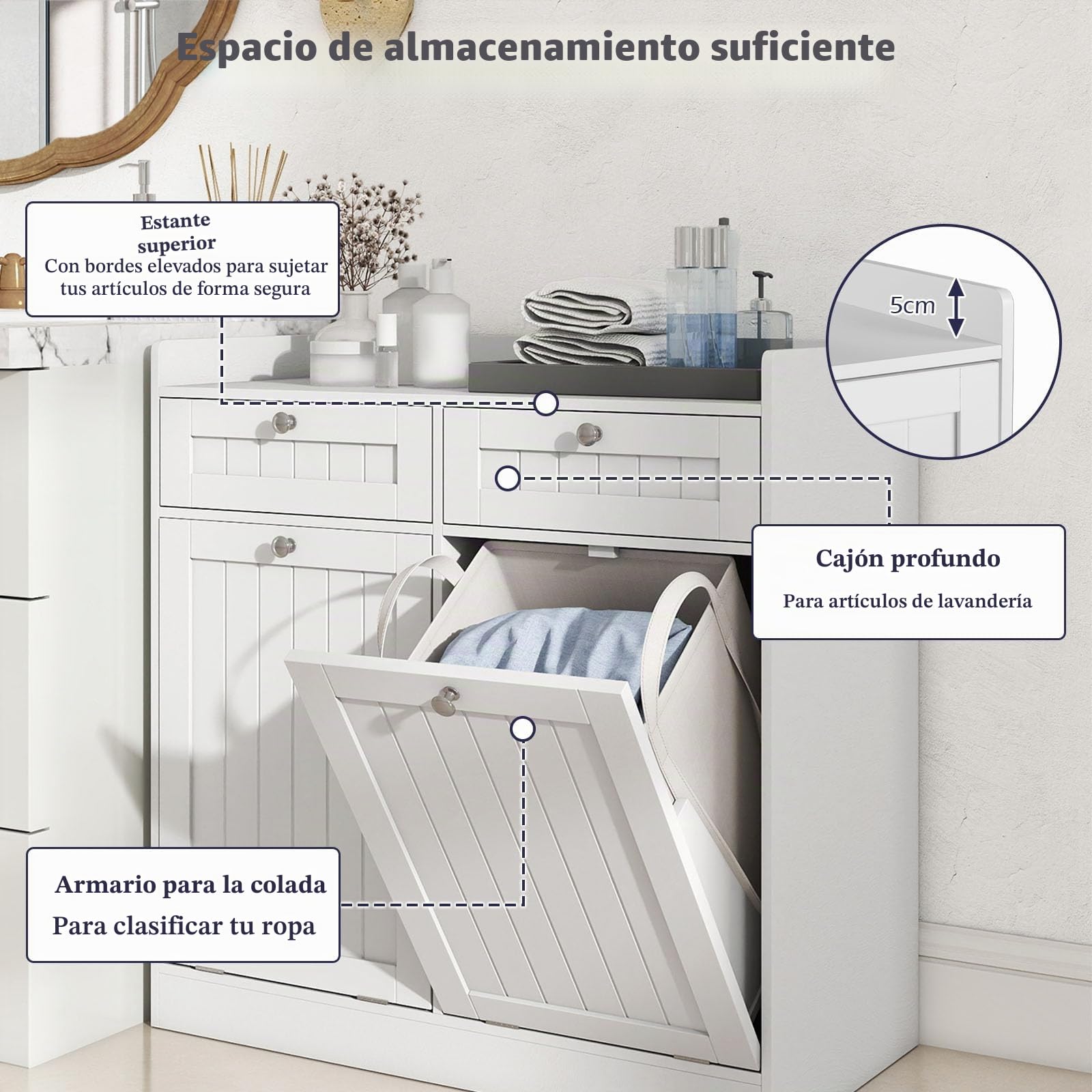 LIFEZEAL Armario para la Colada con Cestas y Cajón, Bolsillos Interiores Extraíbles con Asas, Armario para Baño, Blanco, 79 x 40 x 80 cm