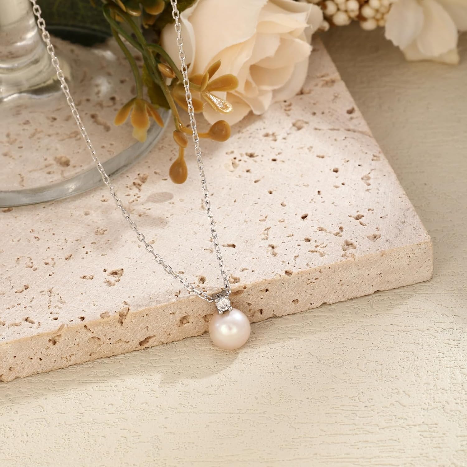 Sterling Silver 925 Pearl Pendant Necklace for Women Dainty CZ Necklace 14K Gold Vermeil Necklace Chain Freshwater Pearl Necklace Adjustable Simple Pearl Necklaces for Everyday Jewelry Gifts - Image 5
