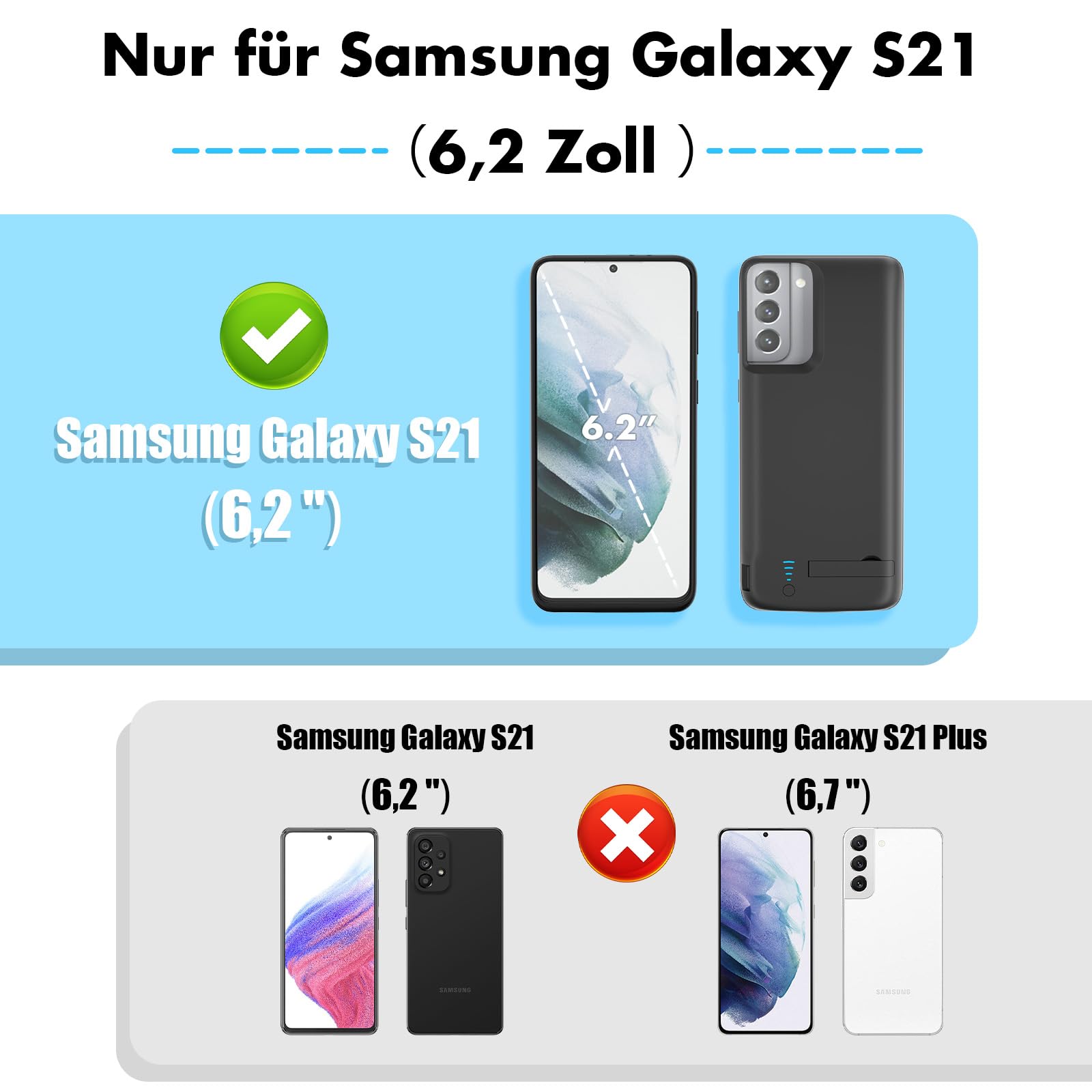 Akkuhülle für Samsung Galaxy S21, 7000 mAh Schlanke Wiederaufladbare Ladehülle Erweiterte Ladehülle, Backup-Akkuladegerät Tragbare Powerbank für Samsung Galaxy S21 (6,2 Zoll) – Schwarz