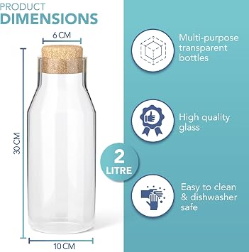 HEFTMAN Carafe Glass Bottle 2 Litre (2 Pack) - Glass Bottles with Cork Lid