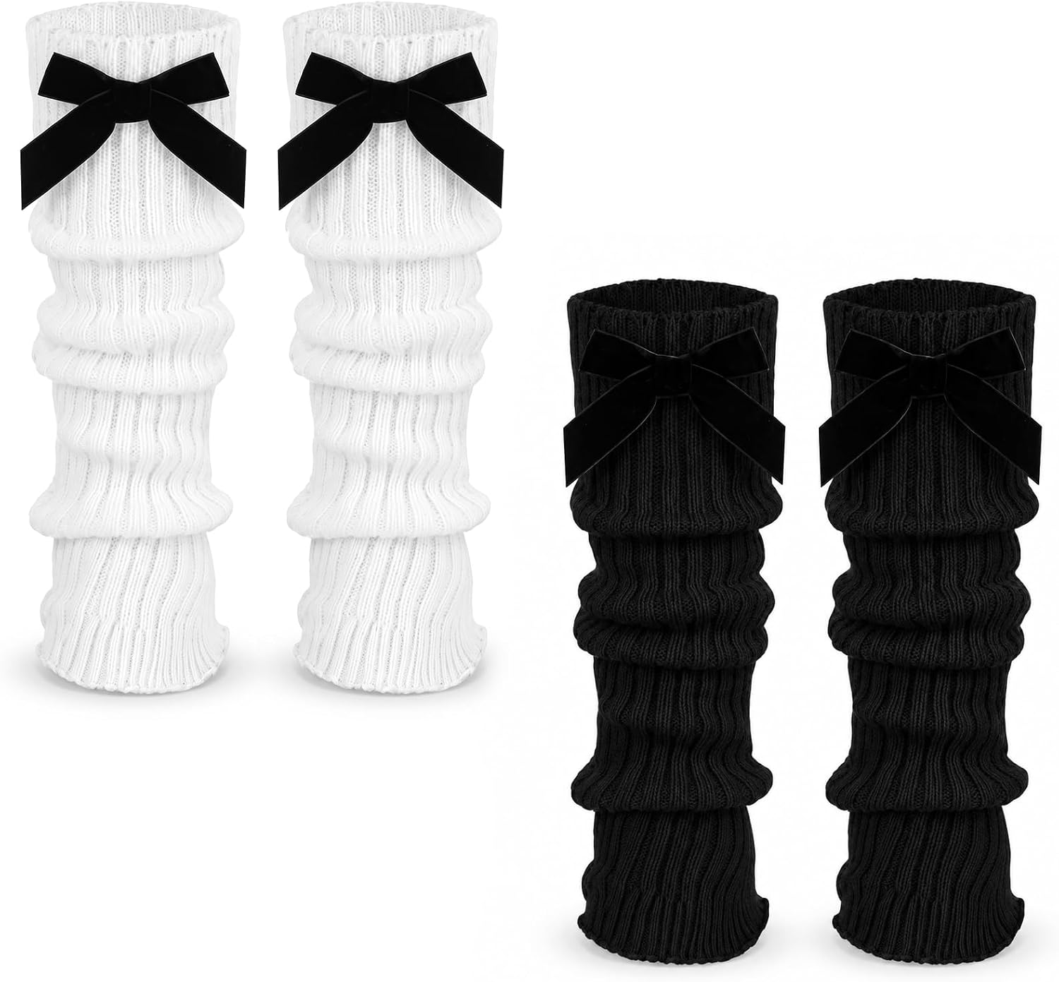 Long socks leg warmers with bows, white and black, 2 pairs