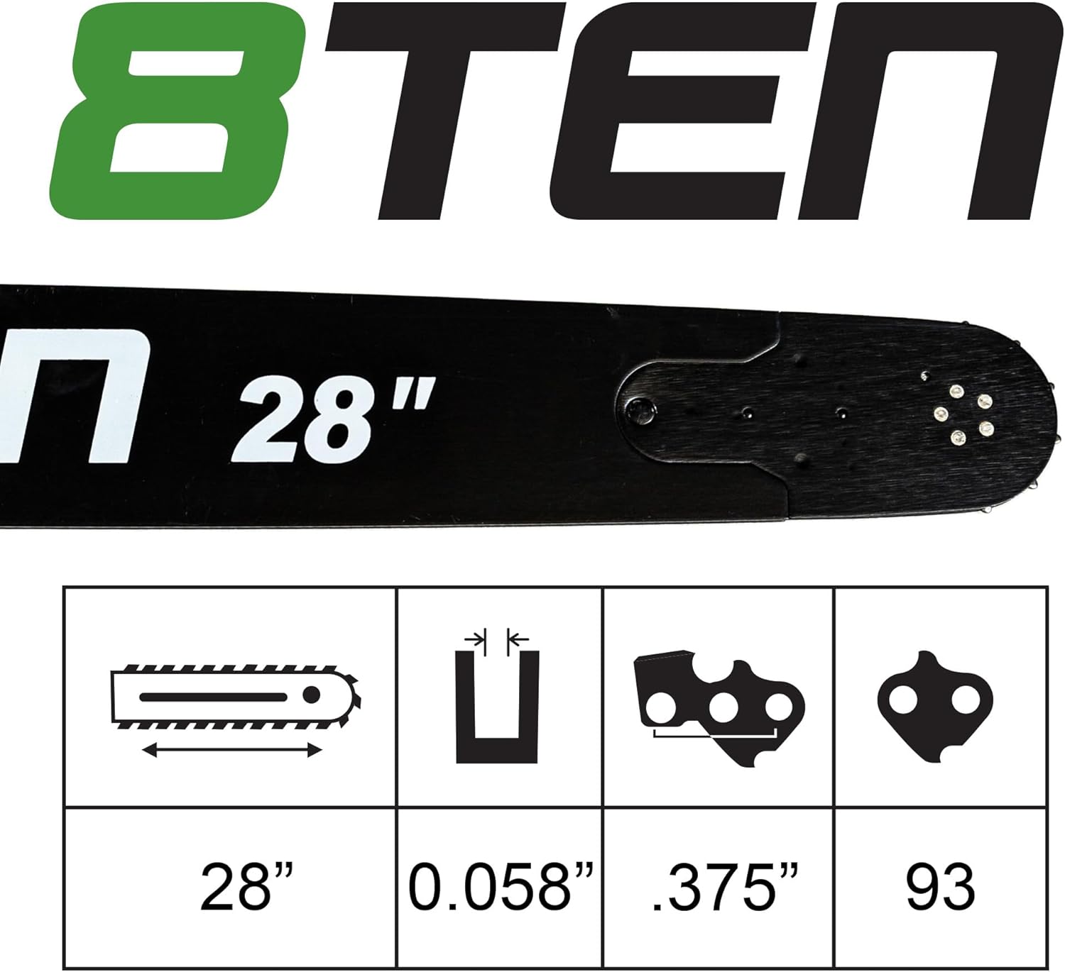 8TEN 28" Chainsaw Guide Bar & Chain .058 3/8 93DL for Husqvarna 372XP 596007593 5018428-93
