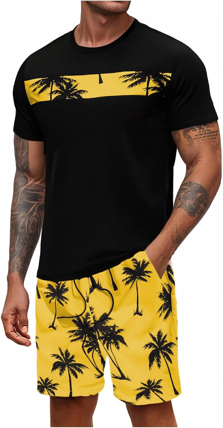 Floerns Men's Shirt and Shorts 2 Piece Sets Graphic Print Beach Outfits