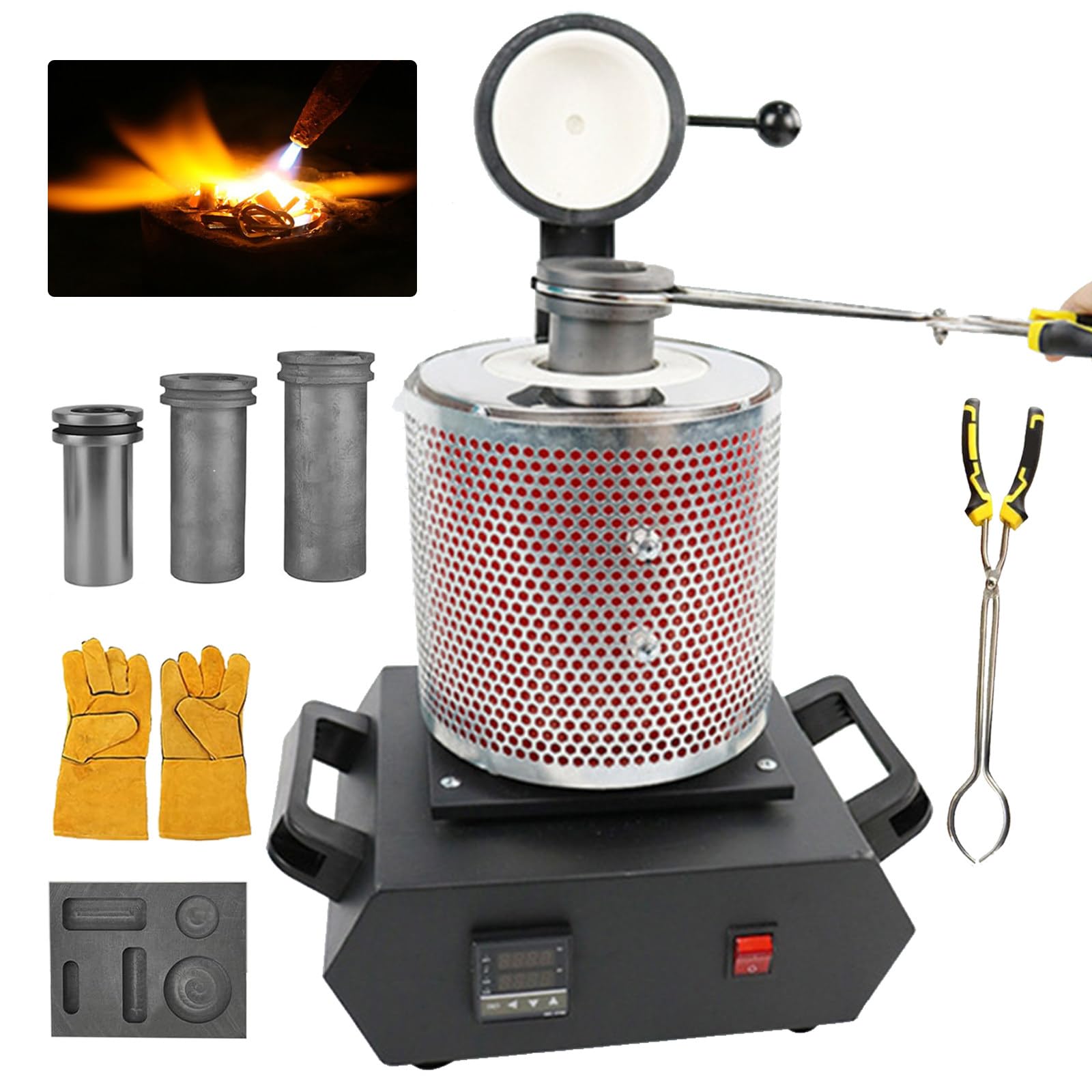 Kit de Horno para fundir Oro con crisol de Grafito y Pinzas 1150 °C/2102 °F Fundición y refinación de Metales Preciosos Oro, Plata, estaño y Aluminio Herramienta de fundición 7 en 1