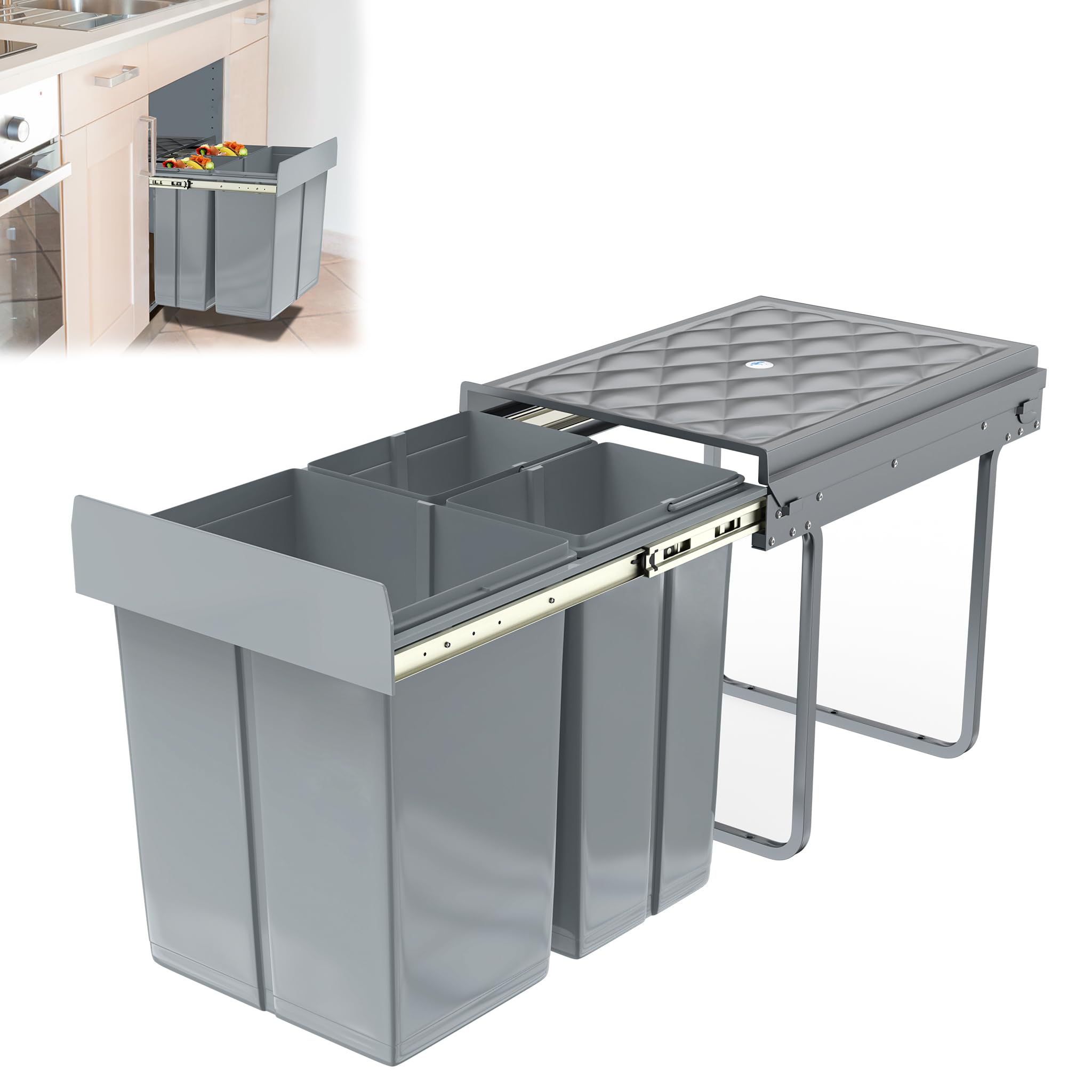 YRHome Einbau Mülltrennungs-System Abfallsortierer 3 Herausnehmbare Abfallsammler Tandemusziehbarer mit Teleskopschienen für Küche Grau 48x34x42cm 2x10L+1x20L
