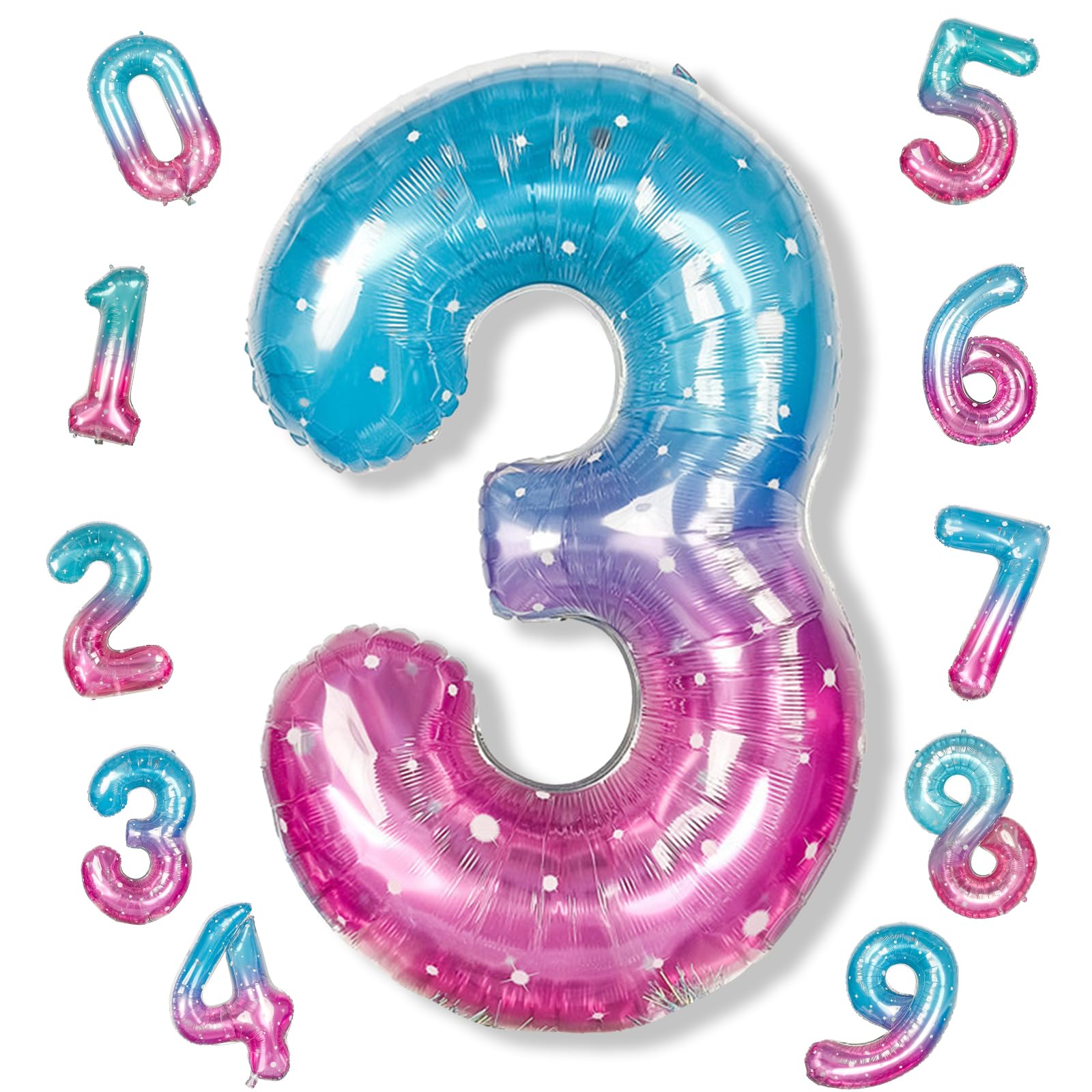 Large Blue Pink Starry 3 Balloons, 40 Inch Giant Mermaid Helium Mylar Foil Globos Numero for Girls, Self Inflating Rainbow 3rd Birthday Balloon for