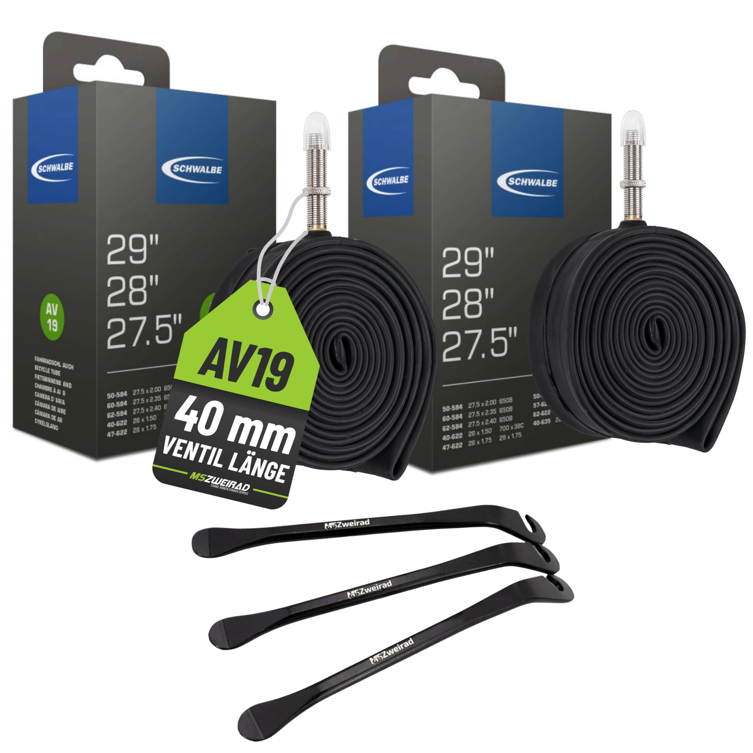 Schwalbe 2X Fahrrad Schlauch AV19-27,5 28 29 Zoll - 40mm AV Ventil | MTB & Trekking Schlauch Set - ETRTO 40/62-584/635
