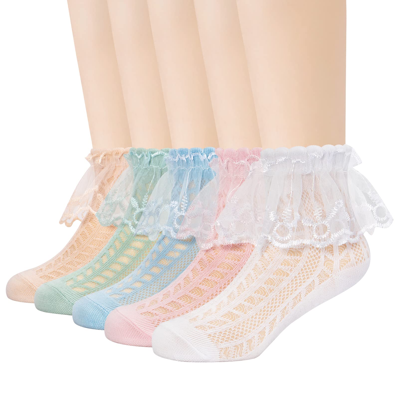 Looching 5 Pack Toddler Baby Girls Mesh Thin Eyelet Lace Top Socks Cotton Ruffle Frilly Summer Dress Ankle Socks