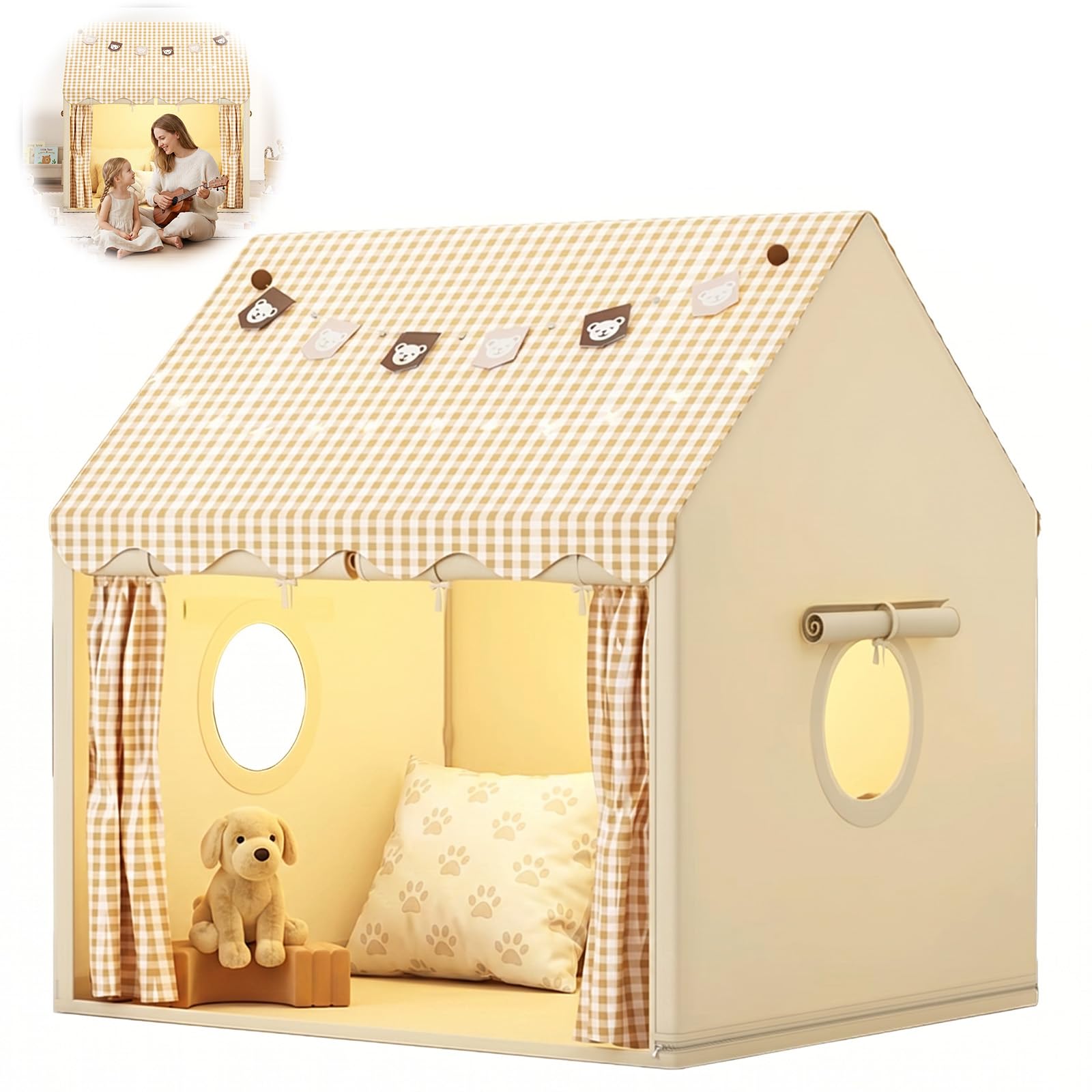 LOMUG Kinderzelt mit Lichtern und Flaggen, Kinder Bettzelt, Innenbettzelt, Spielzelt für drinnen, Prinzessin Zelt mit Fenstern, Kinderspielhaus für Jungen und Mädchen