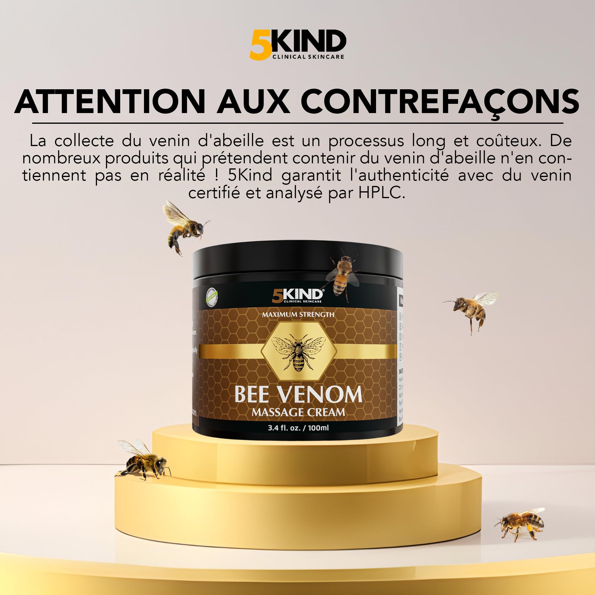 5Kind Creme Venin d'Abeille Maximum Strength 100ml - Bee Venom Cream - Massage Naturel des Articulations & Muscles, Bas du Dos, Genoux, Cou, Hanches & Pieds - Provenance Responsable