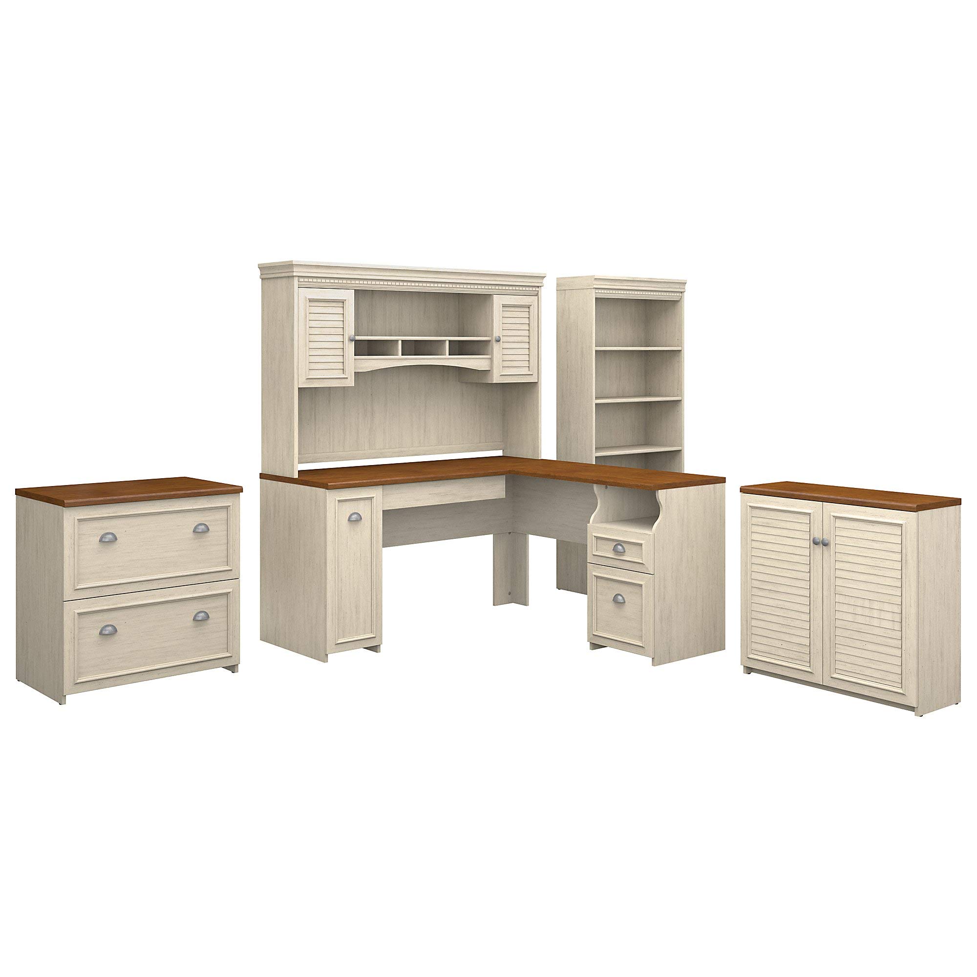 Bush Furniture Fairview 60W L Shaped Desk with Hutch, File Cabinet, Bookcase and Storage in Antique White and Tea Maple