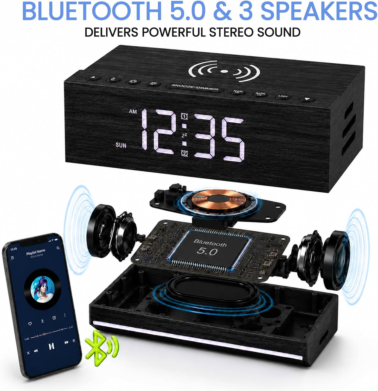 Hoifen Wooden Digital Alarm Clock, Wireless Charging & Bluetooth Speaker