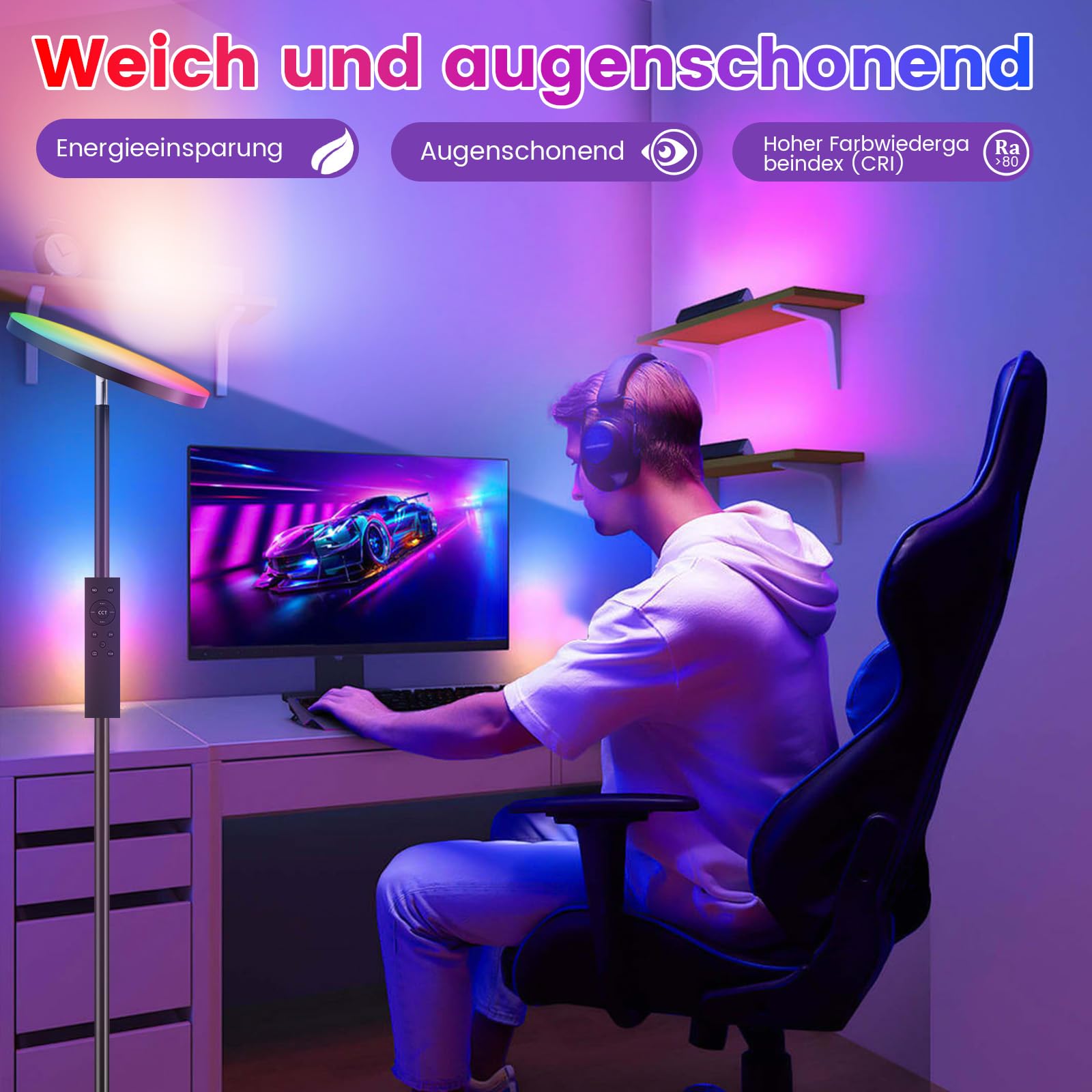 LED Stehlampe Wohnzimmer RGB Dimmbar, 36W Superhelle Farbwechsel Floor Lamp, Moderne Deckenfluter mit Fernbedienung und Touch-Steuerung, 2700K-6500K RGB Dimmbar für Wohnzimmer