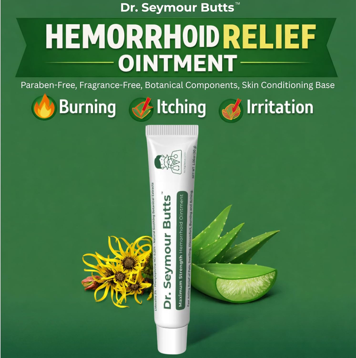 Dr. Seymour Butts Hemorrhoid Ointment with Lidocaine 5% Pain Relief for Burning, Itching & Irritation | External Hemorrhoid Care with Witch Hazel, Aloe & Botanical Support