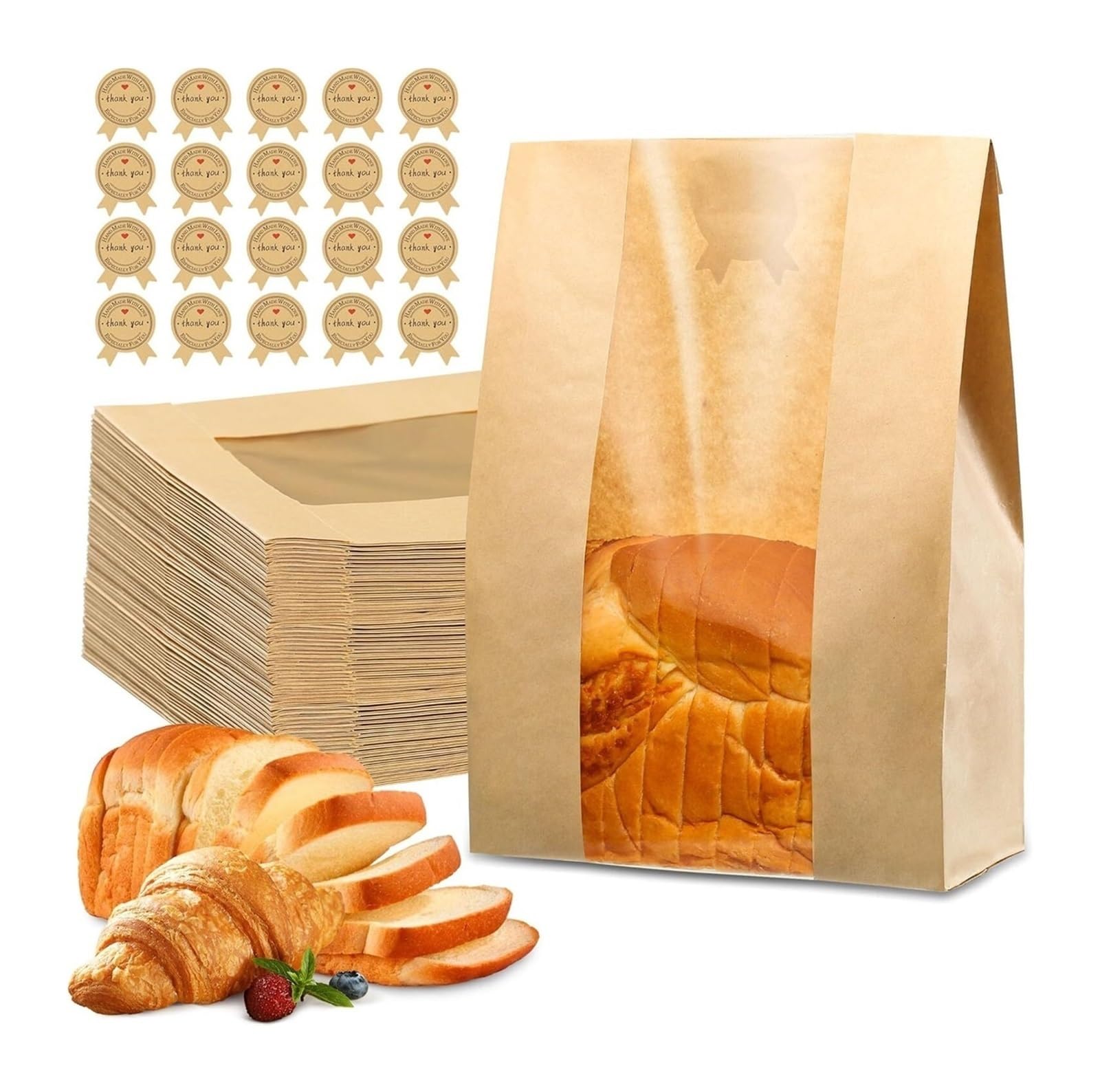 100Pcs Food Paper Bags Bread With Window Bottom Design For Cookies Bakery Packaging Toast Pouches for Bread