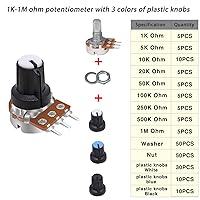 Vista 2 de Taiss 200 piezas de kit de potenciómetros con pomos giratorios, WH148 B1K 5K 10K 20K 50K 100K 250K 500K 1M ohm potenciómetros de tipo único