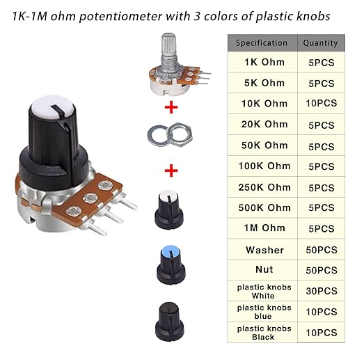 Miniatura 2 de Taiss Kit de potenciómetro de 100 piezas, WH148 B1K 5K 10K 20K 50K 100K 250K 500K 1M ohmios, surtido de potenciómetros, potenciómetro lineal único 3
