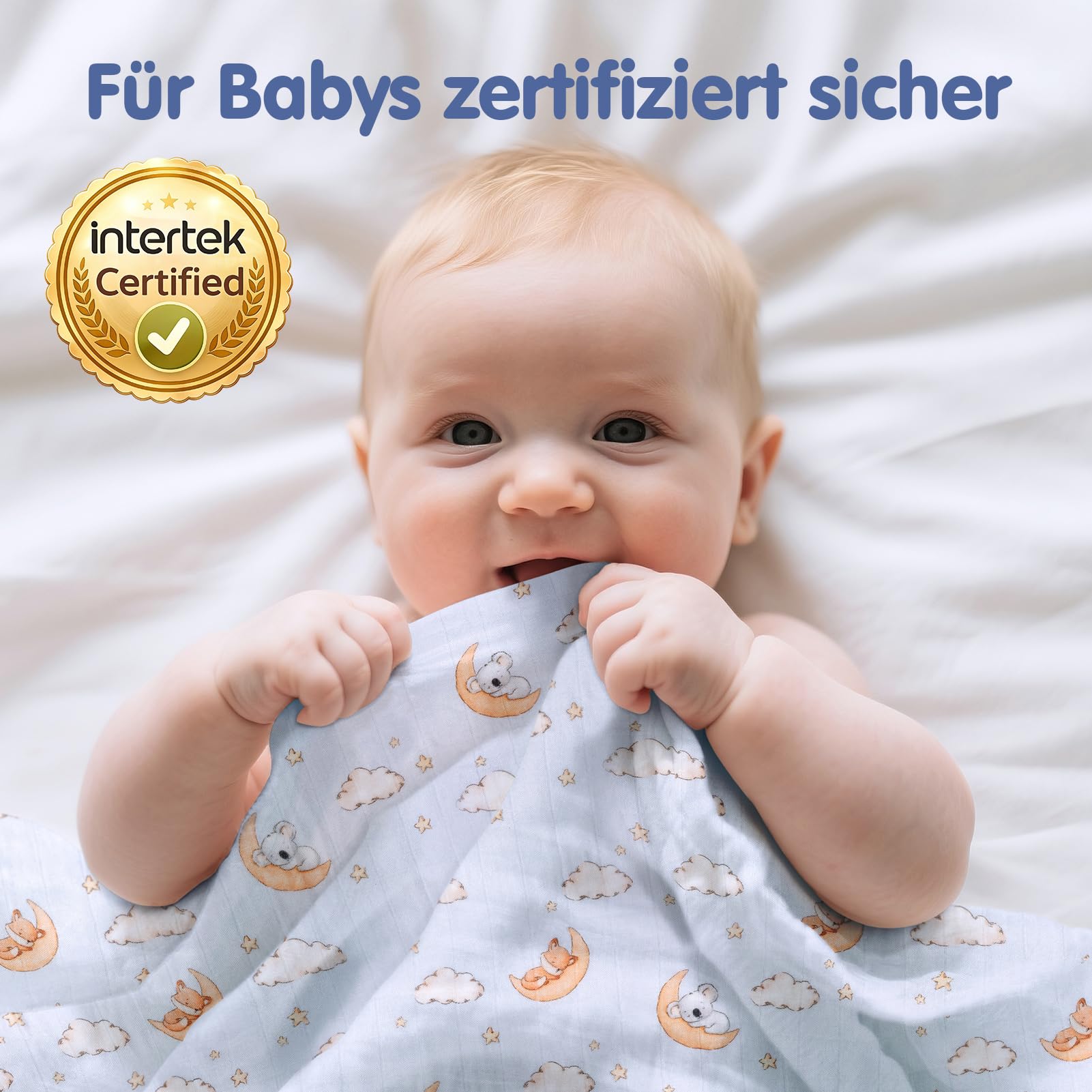hahaland Mulltücher Baby aus 100% Bambusfaser Musselin – 3er Set (120×120 + 2×100×100 cm),Besonders Atmungsaktiv & Weich,Stilltuch, Swaddle, Spucktuch, Baby Erstausstattung Neugeborenen Geschenk Blau