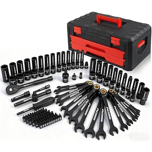 Premium 132-Piece Mechanics Tool Set, SAE/Metric 1/4" & 3/8" Drive Socket Set, Ratcheting Wrenches, Extensions & Adapters, Quick-Release Ratchet, Professional Auto Repair Tool Kit with Storage Case