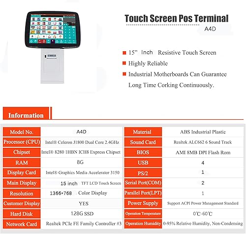 Miniatura 4 de Meetsun A4D todo en uno pantalla principal 15 "Windows i3 Touch caja registradora POS sistema con incorporado 3 18 impresora térmica de recibos para