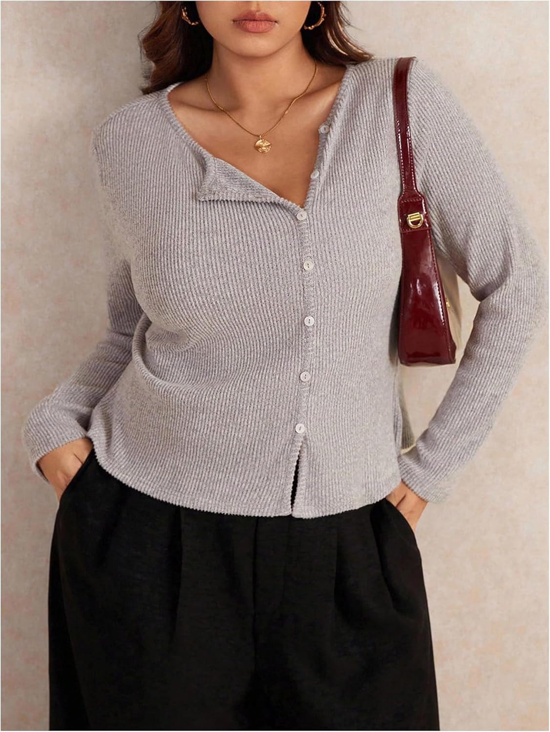 SHENHE Women's Plus Size Button Up Cardigan Long Sleeve Crewneck Ribbed Knit Shirt Tops - Image 4