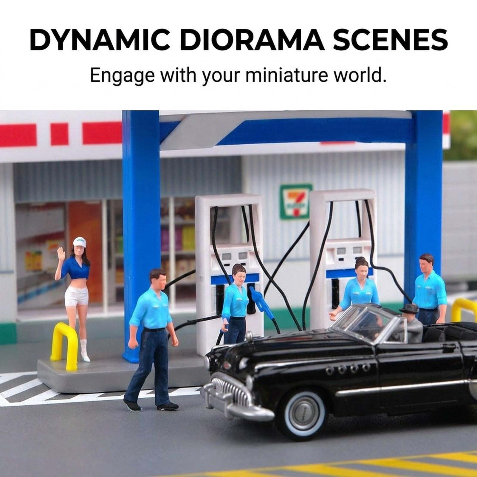 Set di 3 Miniature, Modello di Stazione di Servizio in Resina, Accessori, Decorazione, Adatto per Micropaesaggi E Modellismo Ferroviario, Blu