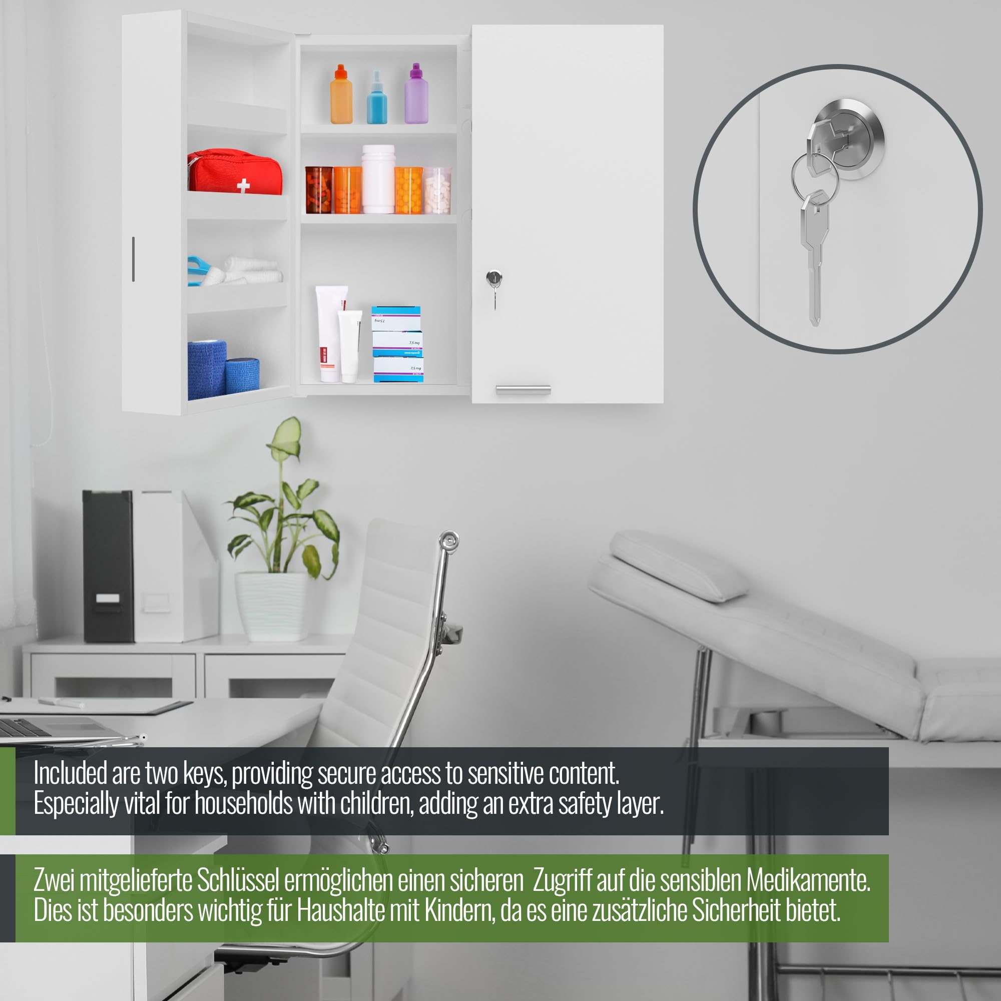 Jago® Medicijnkastje - met Slot, Wandmontage, Dubbeldeurs, 53 x 20 x 53 cm, Staal, Wit - Eerste Hulp-kastje, Medische Opbergruimte, Organisator, Locker