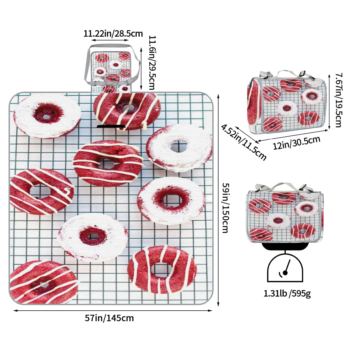 Shimoshe Picnic Blankets 57”x 59”, Geometric Donut Waterproof Sandproof Picnic Mat Lightweight Foldable Beach Blanket for Camping Park Grass Beach Outdoor Blanket