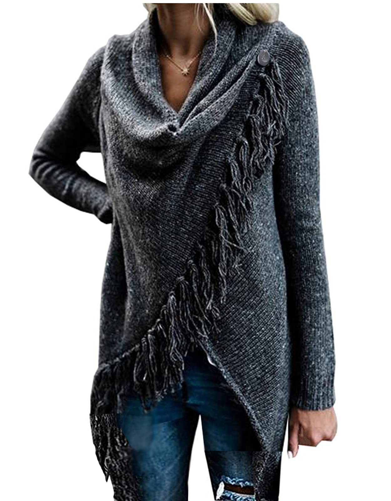 Women's Open Front Knited Tassels Slash Loose Cardigan Crew Neck Speckled Fringe Sweater Outwear