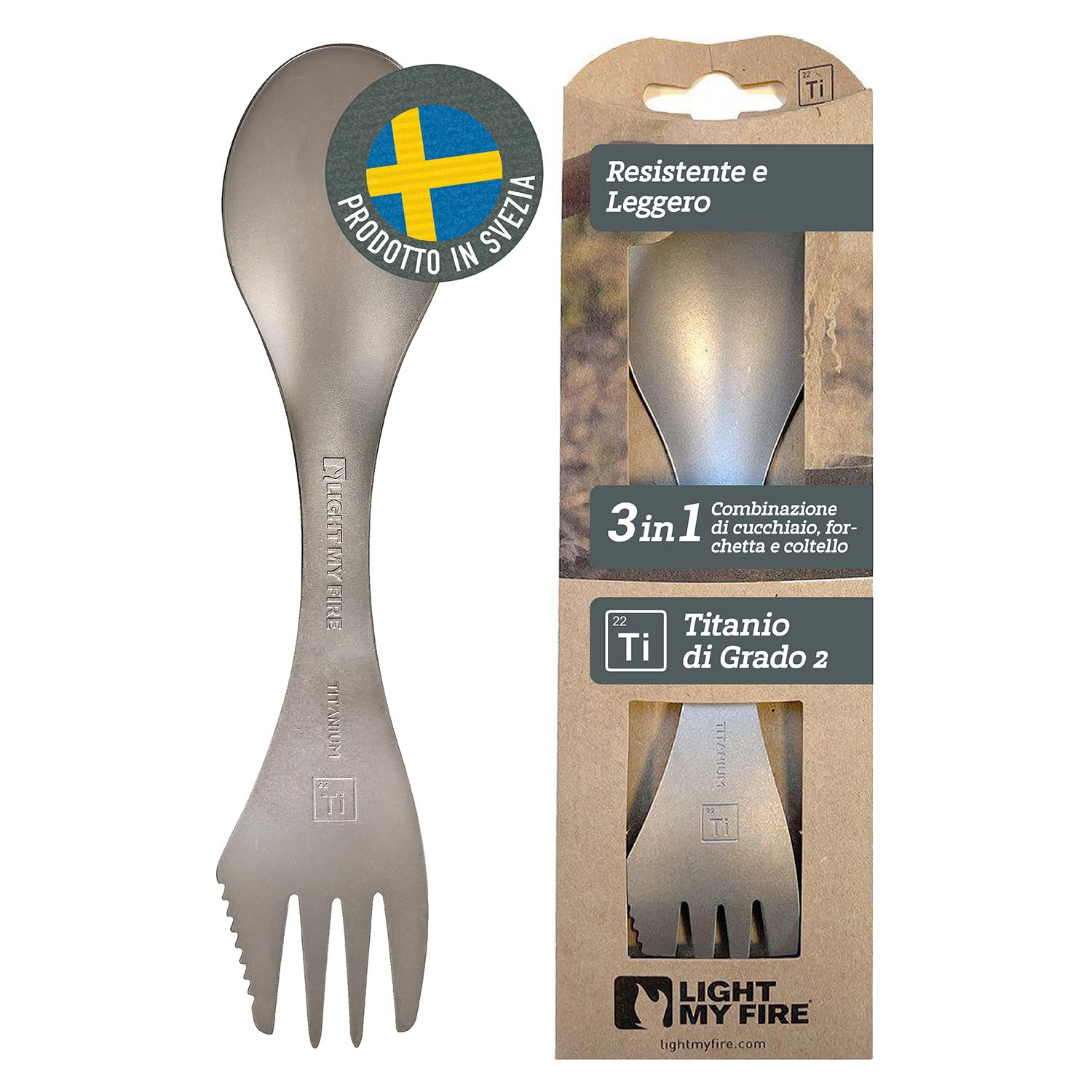 Light My Fire Spork Titanio - Combo Forchetta Coltello Cucchiaio Portatile - Posate da Viaggio e Campeggio Riutilizzabili - Posate Picnic Indistruttibili, Atossiche, Senza BPA – Spork Set da 1