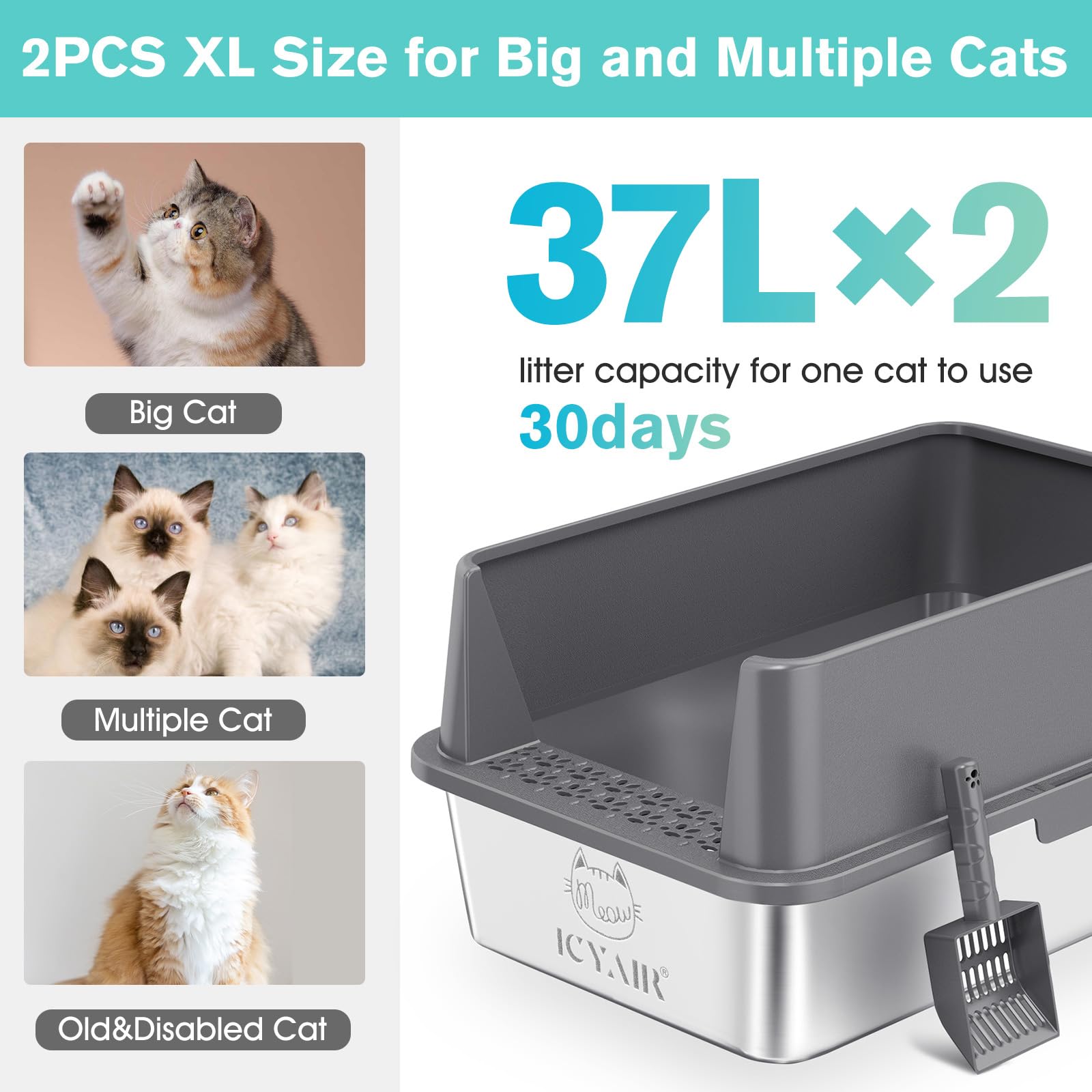 2PACK Stainless Steel Cat Litter Box with High Sides Lid, Extra Large XL Litter Box for Big Cats, Metal Kitty Litter Boxes with Anti-Leakage Enclosure,Non-Stick,Odorless,Scoop Included - image 2