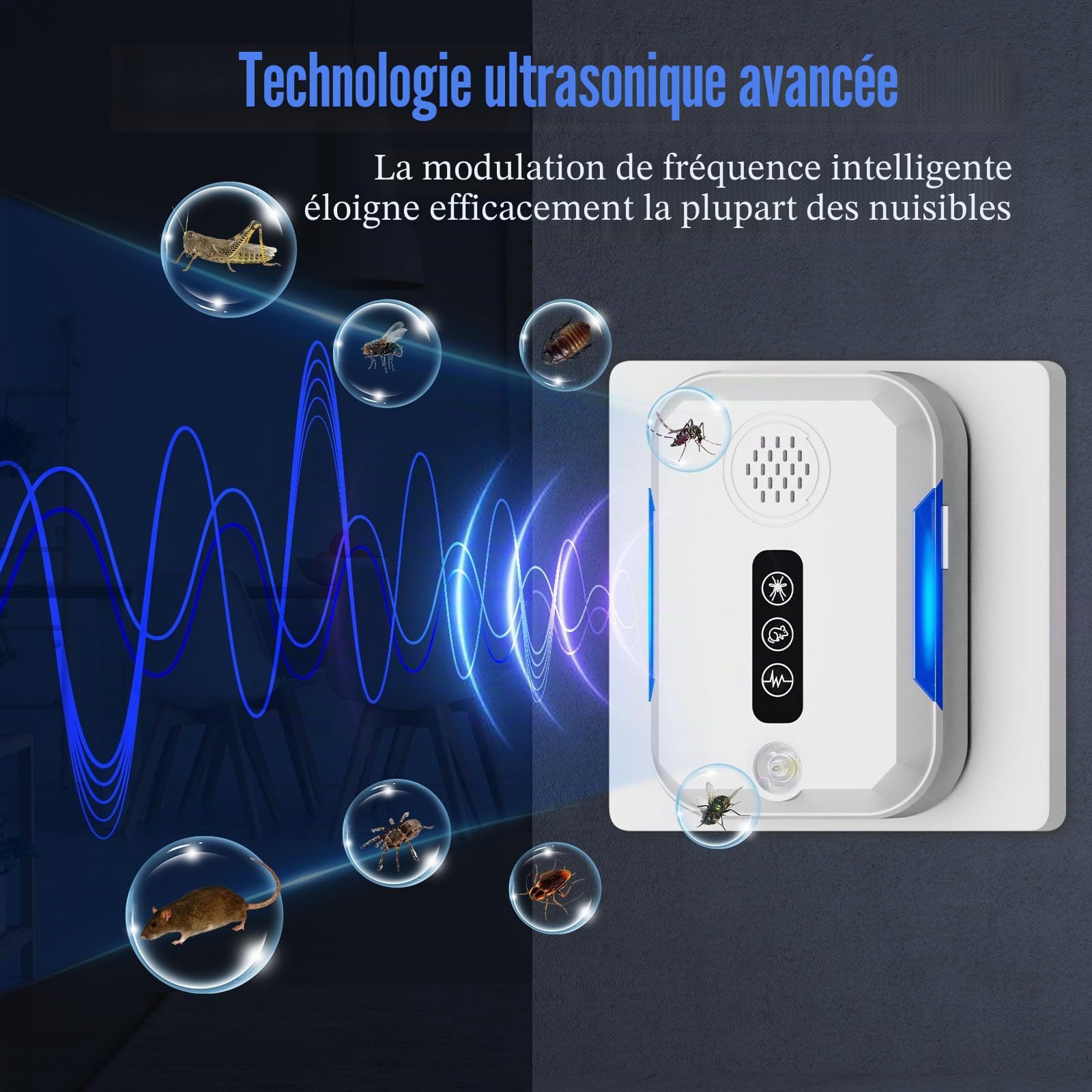 Ultrason Souris et Rats, 4 Pcs Intérieure Repulsif Souris avec 4 Modes Appareil Ultrason pour Nuisible Repousse Rats Moustiques Araignées Mouches Punaises Sûr pour Enfants et Animaux