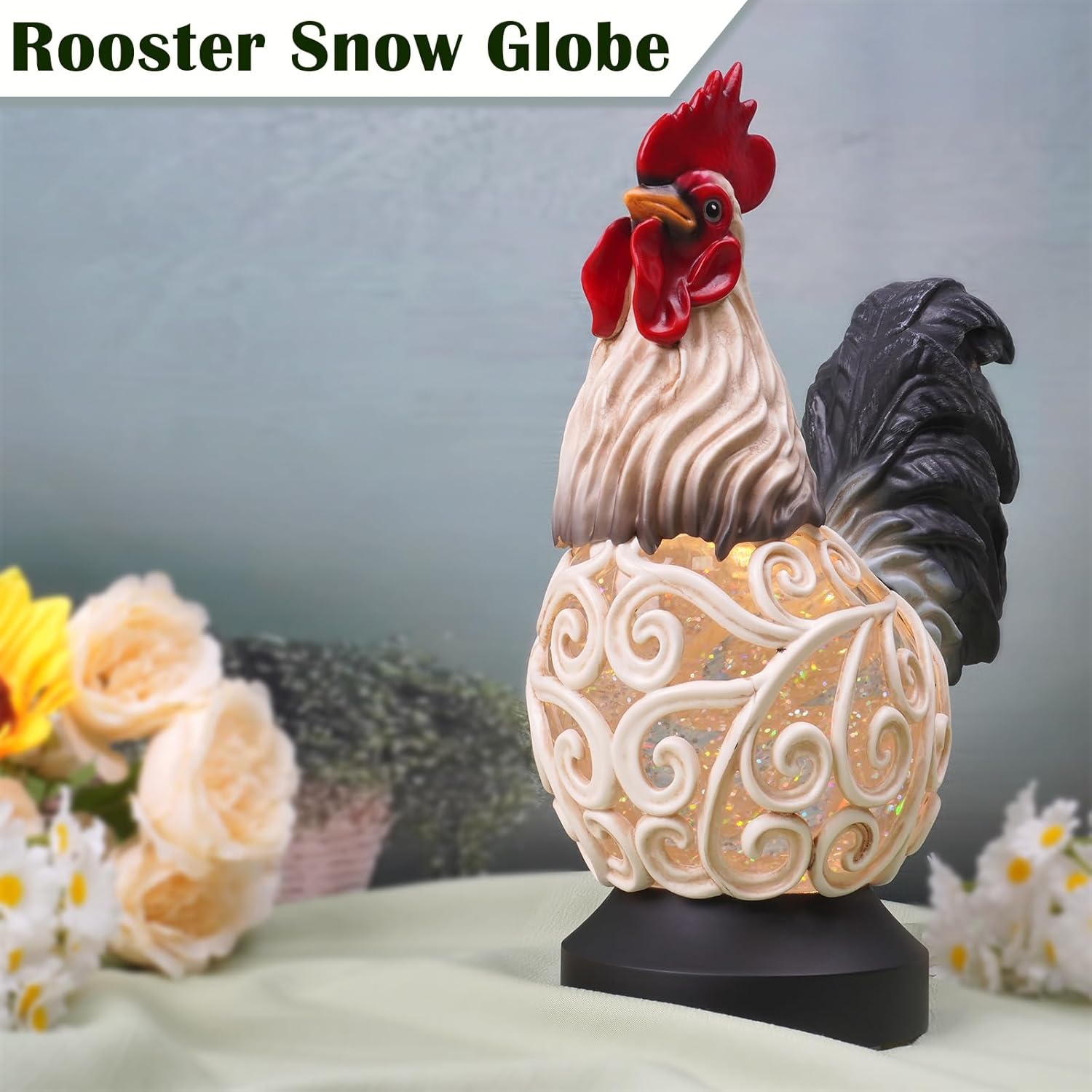Spring Rooster Snow Globe Decor with 6H Timer, Swirling Glitter Snow Globes Spring Figurine Decorations, USB/Battery Operated, for Spring Holiday Home Decor and Gift (Rooster) - Image 6