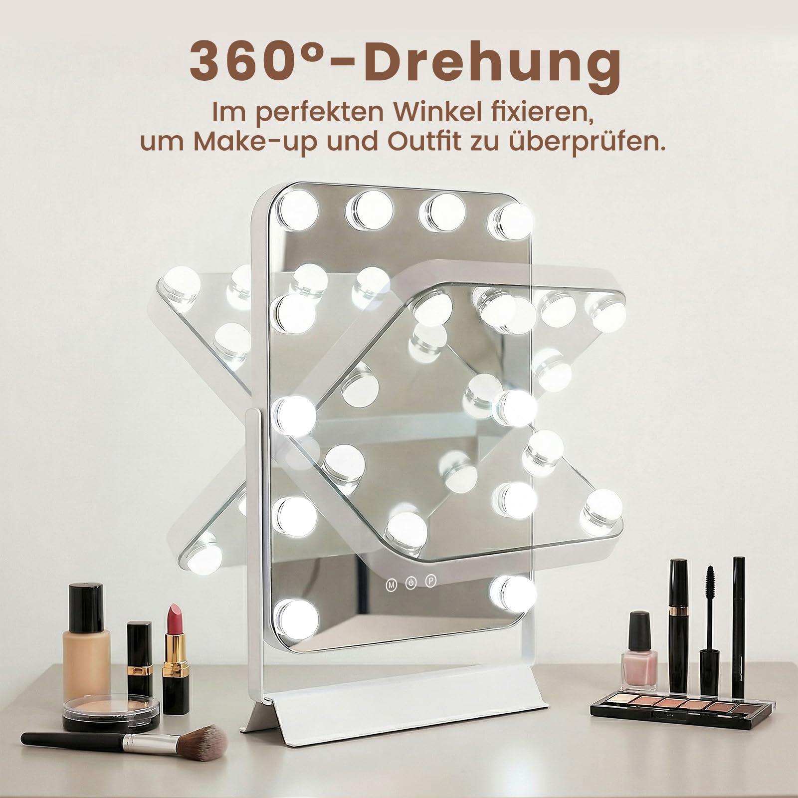 Hollywood Schminkspiegel mit Beleuchtung, 31x48cm Kosmetikspiegel mit dimmbar 12 LED Licht, 3 Farbmodi, Smart Touch Steuerung Spiegel, 360° Drehbarer Tischspiegel für Schminktisch Schlafzimmer