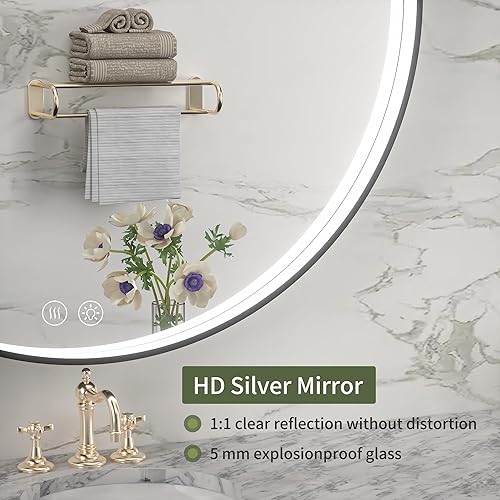 Miniatura 6 de Vosuja Espejo de baño LED redondo de 24 pulgadas con luces, marco negro circular incrustado, diseño de tira de luz moderna, 3 opciones de color