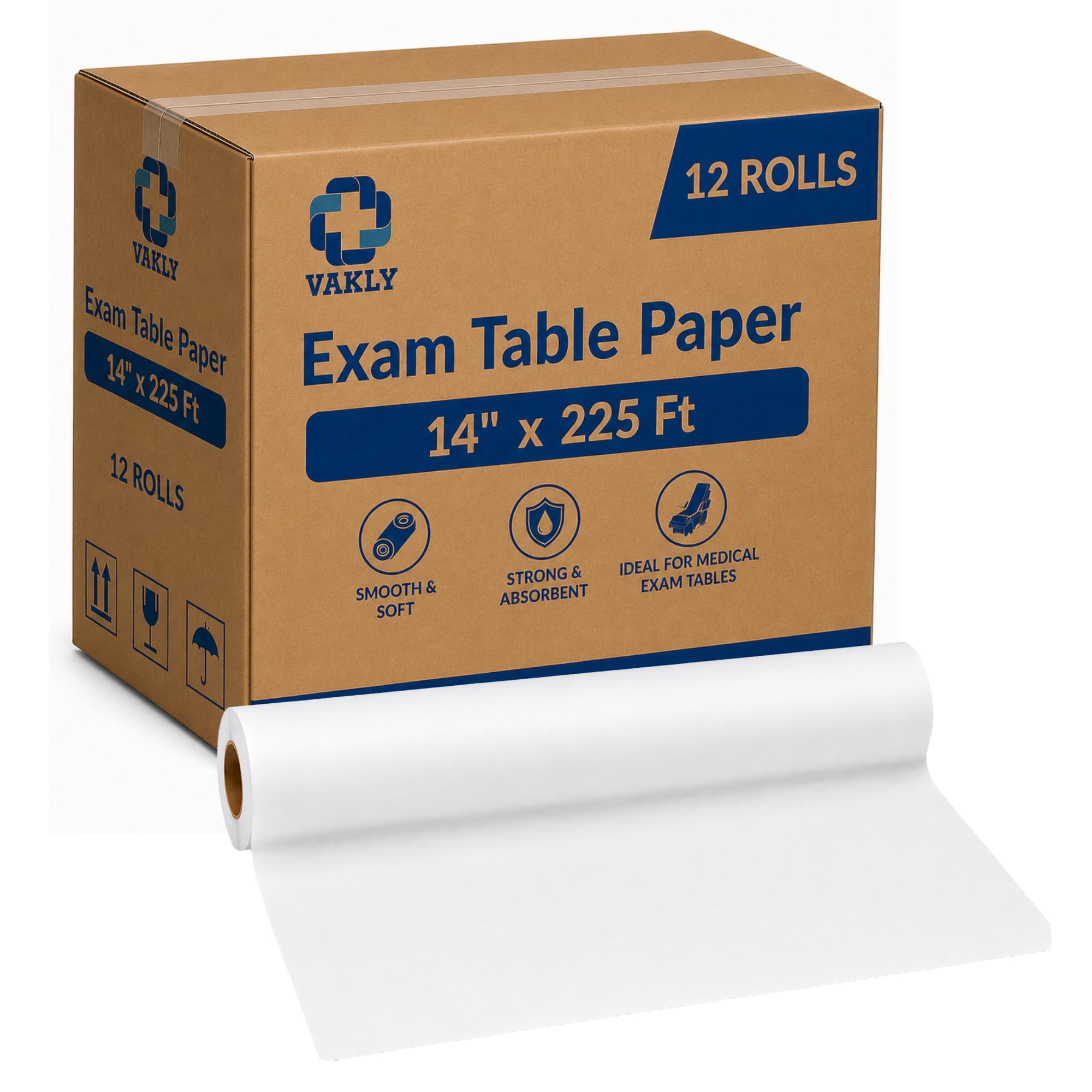 Vakly Exam Table Paper Roll 14 in x 225 ft Smooth, Disposable, 2 Rolls (12)