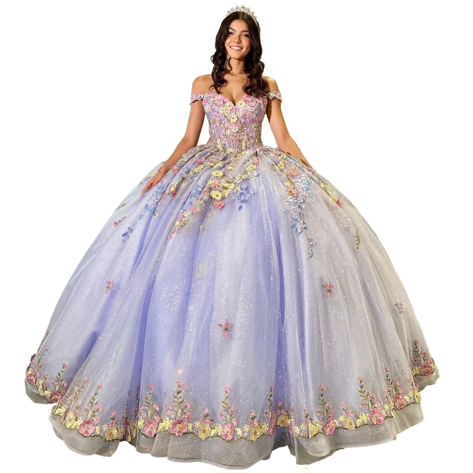PFTFB Quinceanera Dresses Off Shoulder Tulle Embroidery Sweet 16 Dresses with Train Lace Beaded Vestido De 15 Años