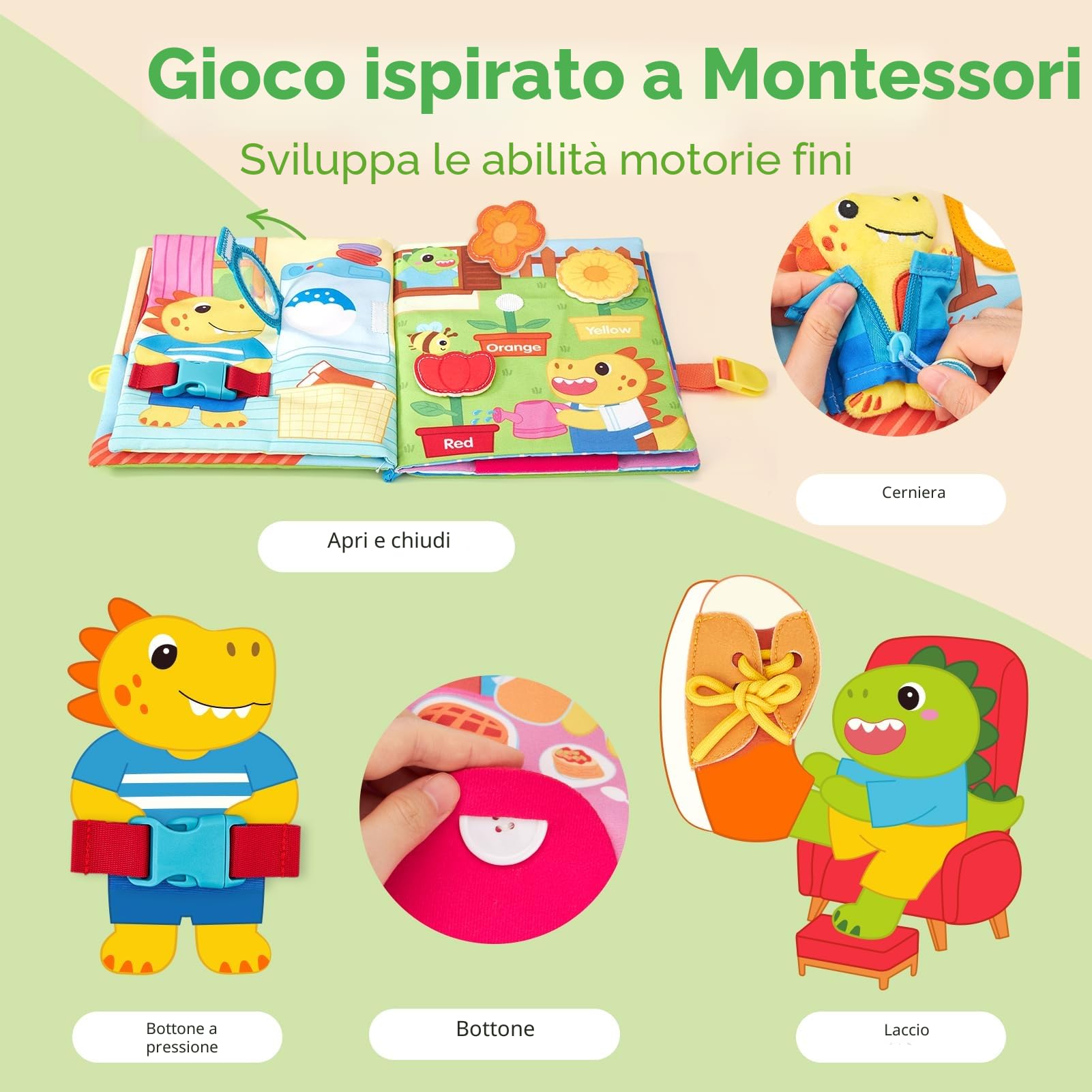 hahaland Libro Montessori 1-3 anni, Giochi Bambini 1 anno Libri Morbidi con Dinosauro di Peluche, Busy Book Educativo Regalo Montessori per Bambino 1 2 3 anni