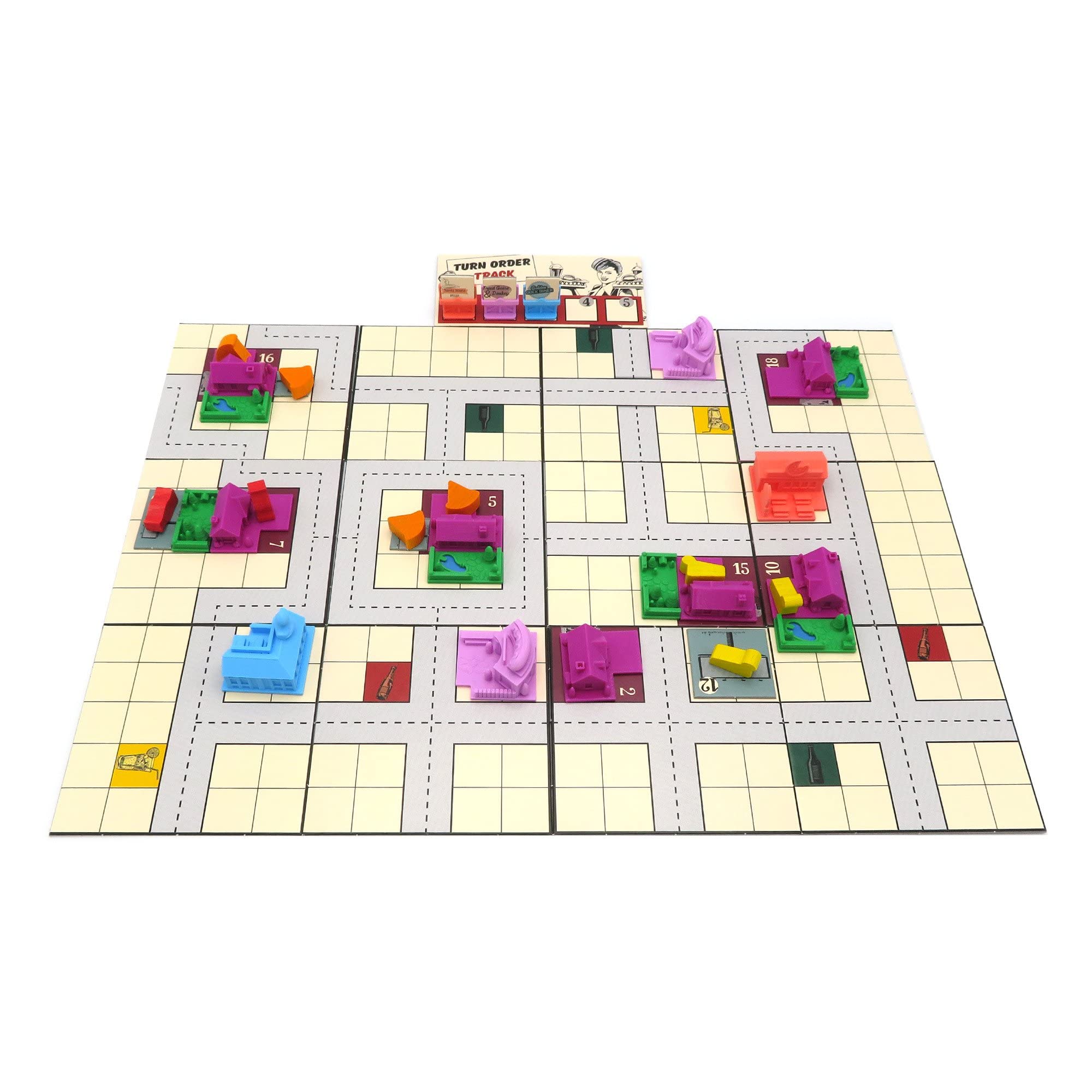 Pack de Mejora para Food Chain Magnate™ | 55 Piezas | Restaurantes, Casas, Jardines y Soportes de Carteles | Accesorio Premium para Juego Base