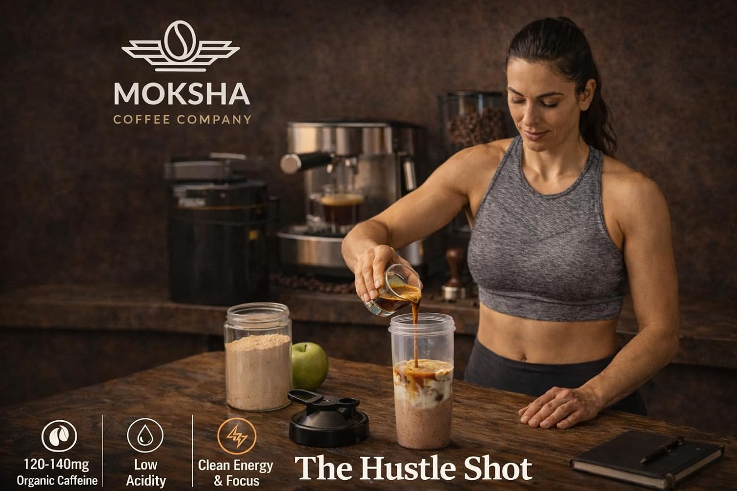 Moksha Coffee Low Acid Organic Espresso Whole Bean Coffee, Non-GMO. The Hustle Shot Espresso Coffee Beans Medium Roasted in Small Batches. Taste of Bakers Cocoa and Toffee - 3 x 12 OZ